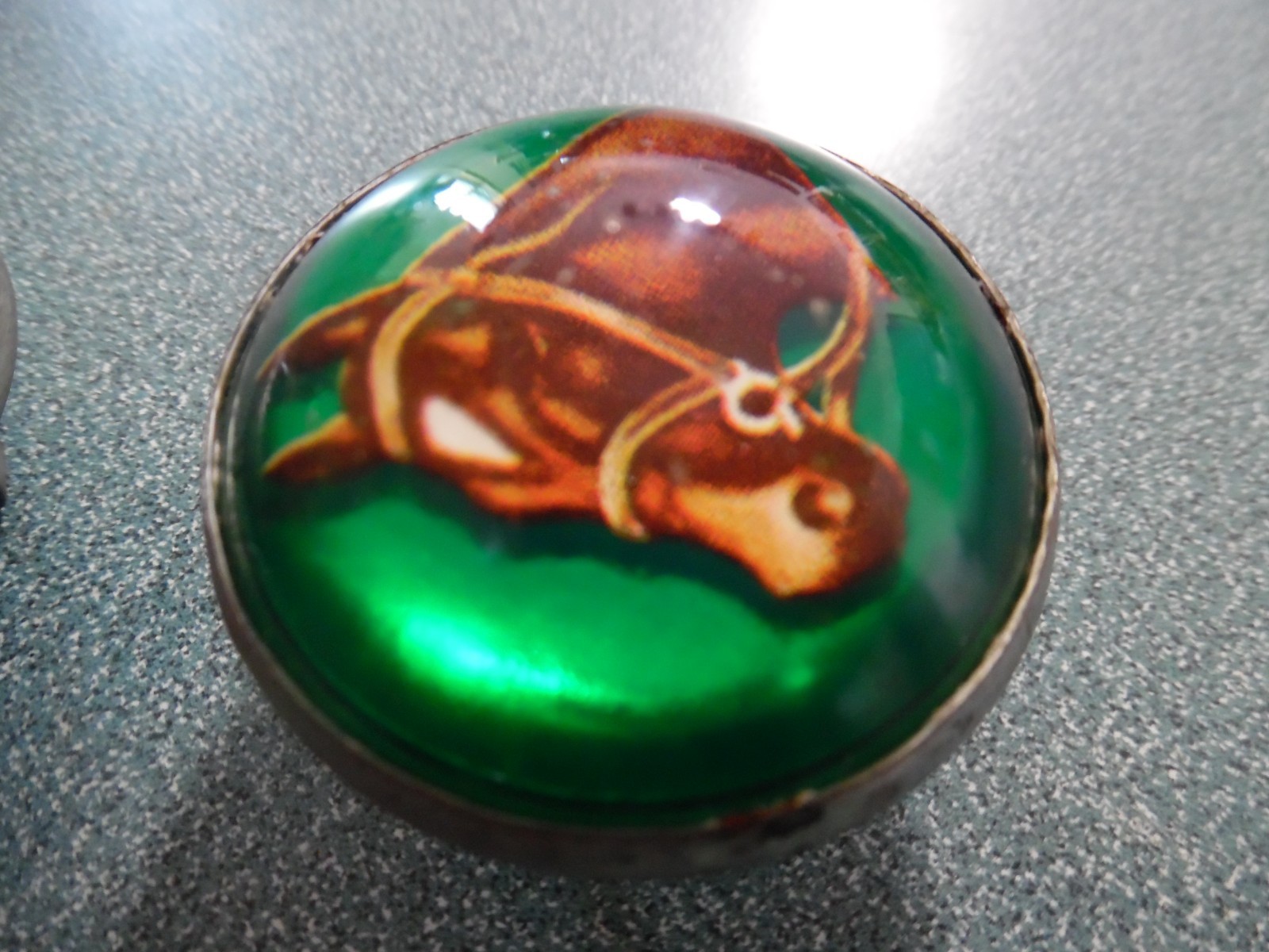 Vintage Pair Bridle Rosettes H.A. Chapman Horse Head Domed Green Glass 1960s