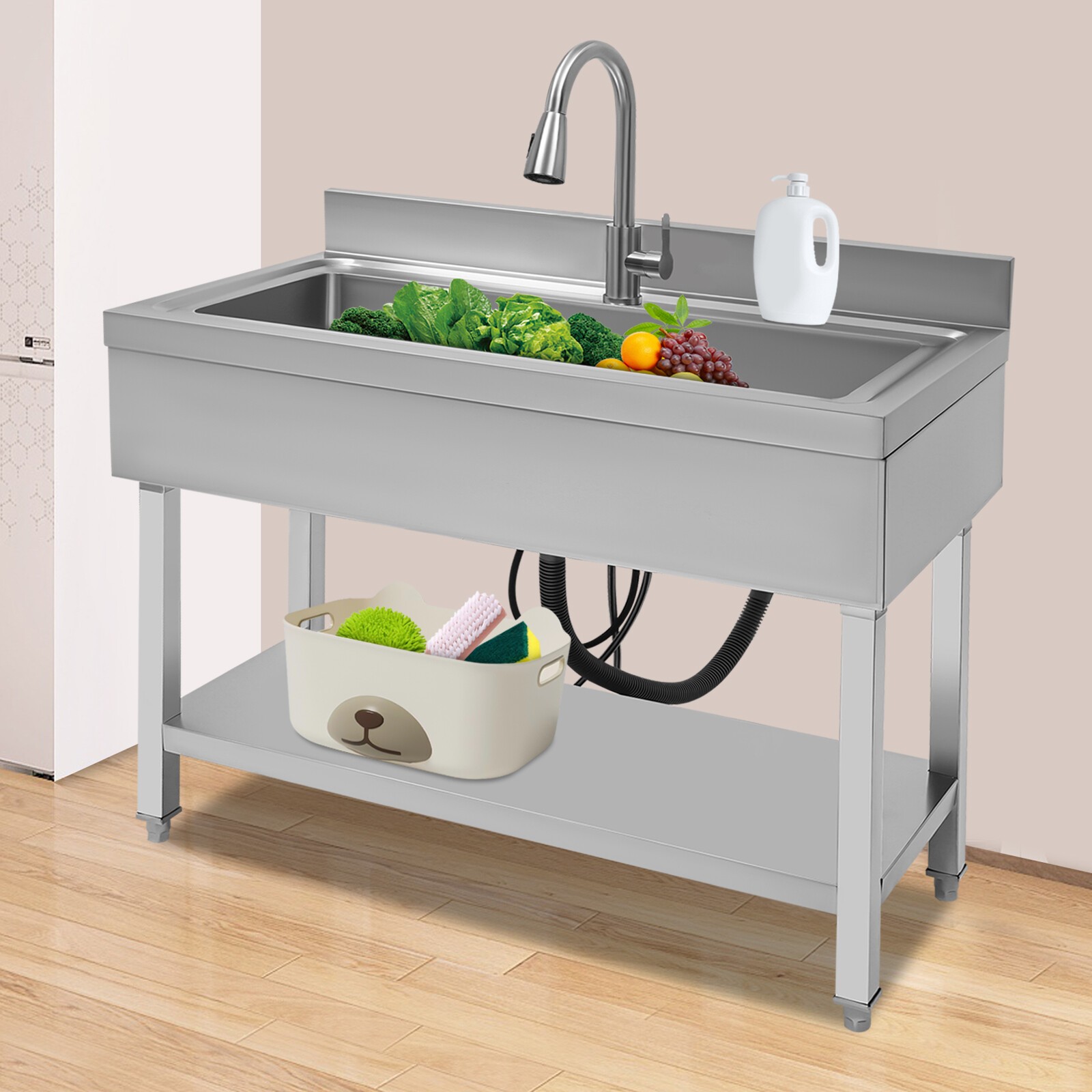 Commercial Sink Stainless Steel Utility Sink Single Bowl Kitchen Sink w/ Faucet