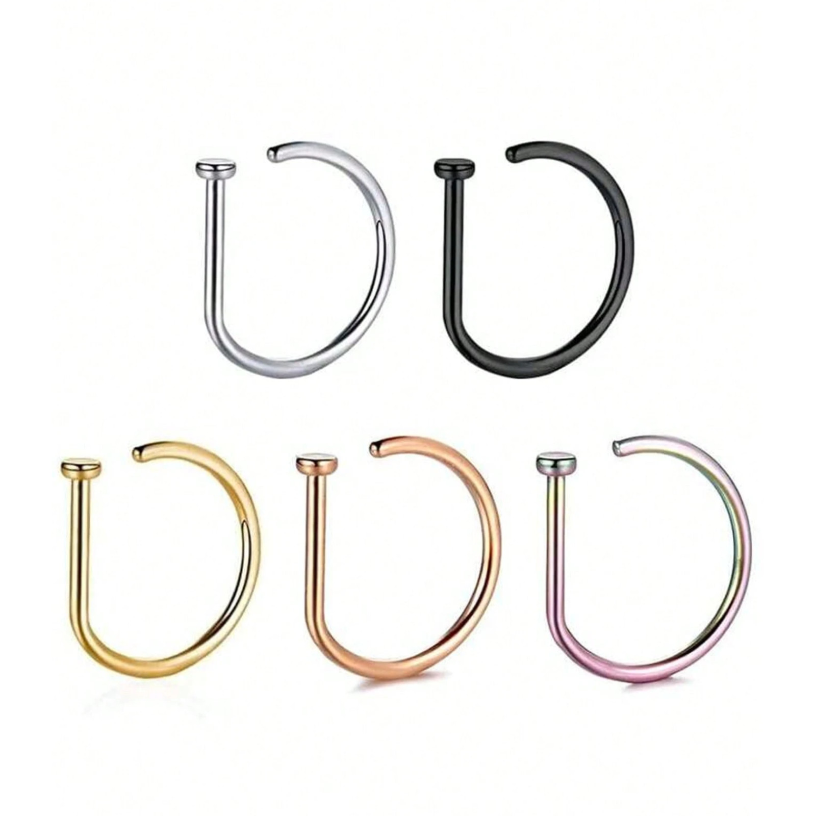 5Pcs Stainless Steel Fake Piercing Nose Ring D-Shape Punk Non Piercing Nose Clip