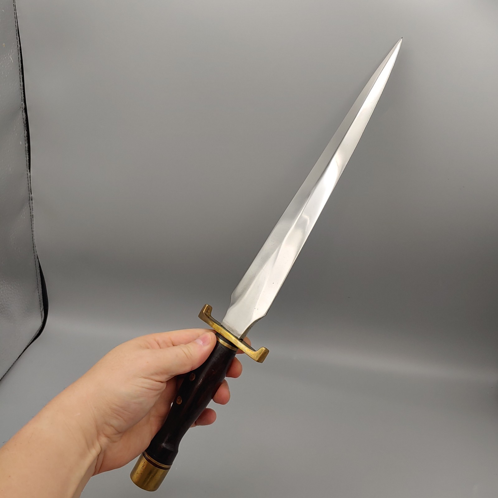 VTG Custom Arkansas Toothpick Knife Dagger w/ Sheath 19" walnut/brass handle 12"