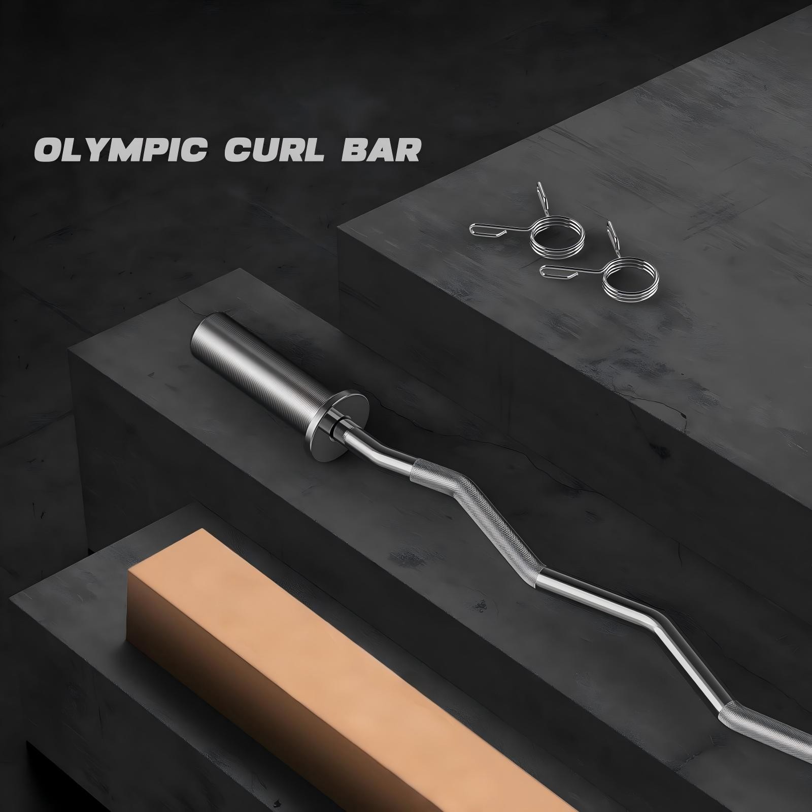 Olympic EZ Curl Bar 47" for Weight Lifting with 2 Spring Collars, Barbell