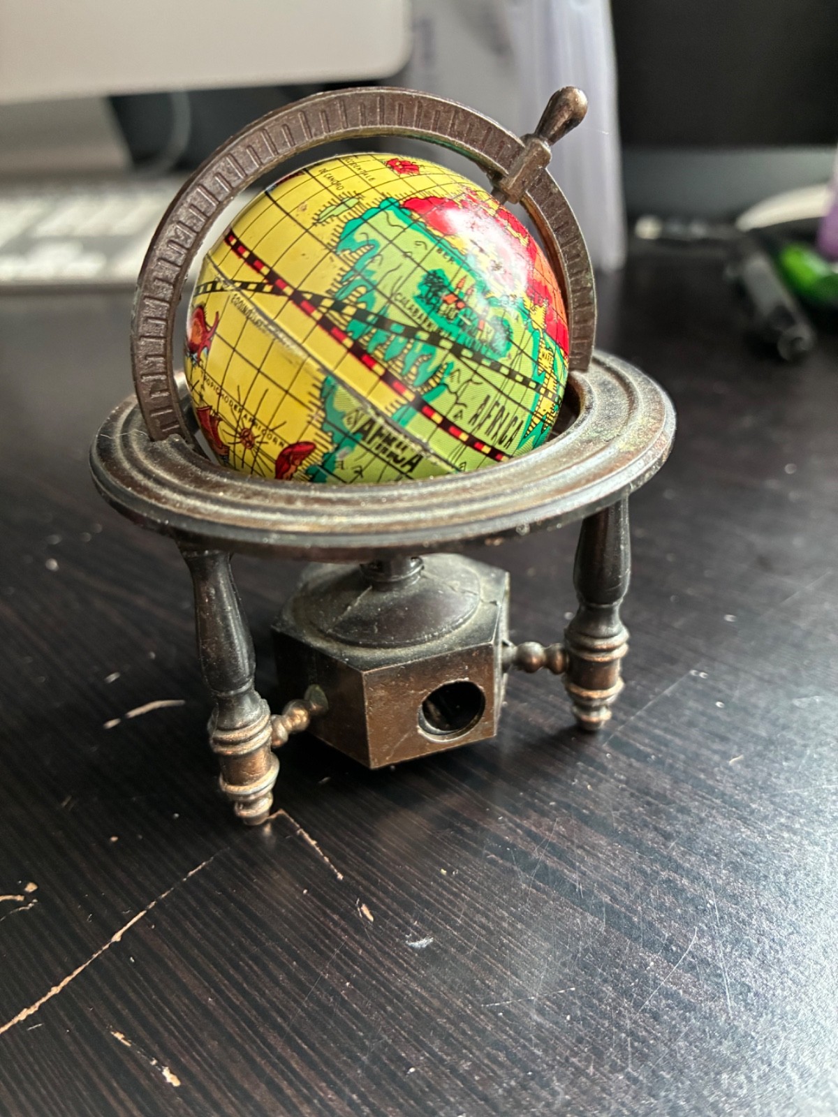 Vintage Metal Die-Cast Pencil Sharpener w/Miniature Replica Spinning Globe