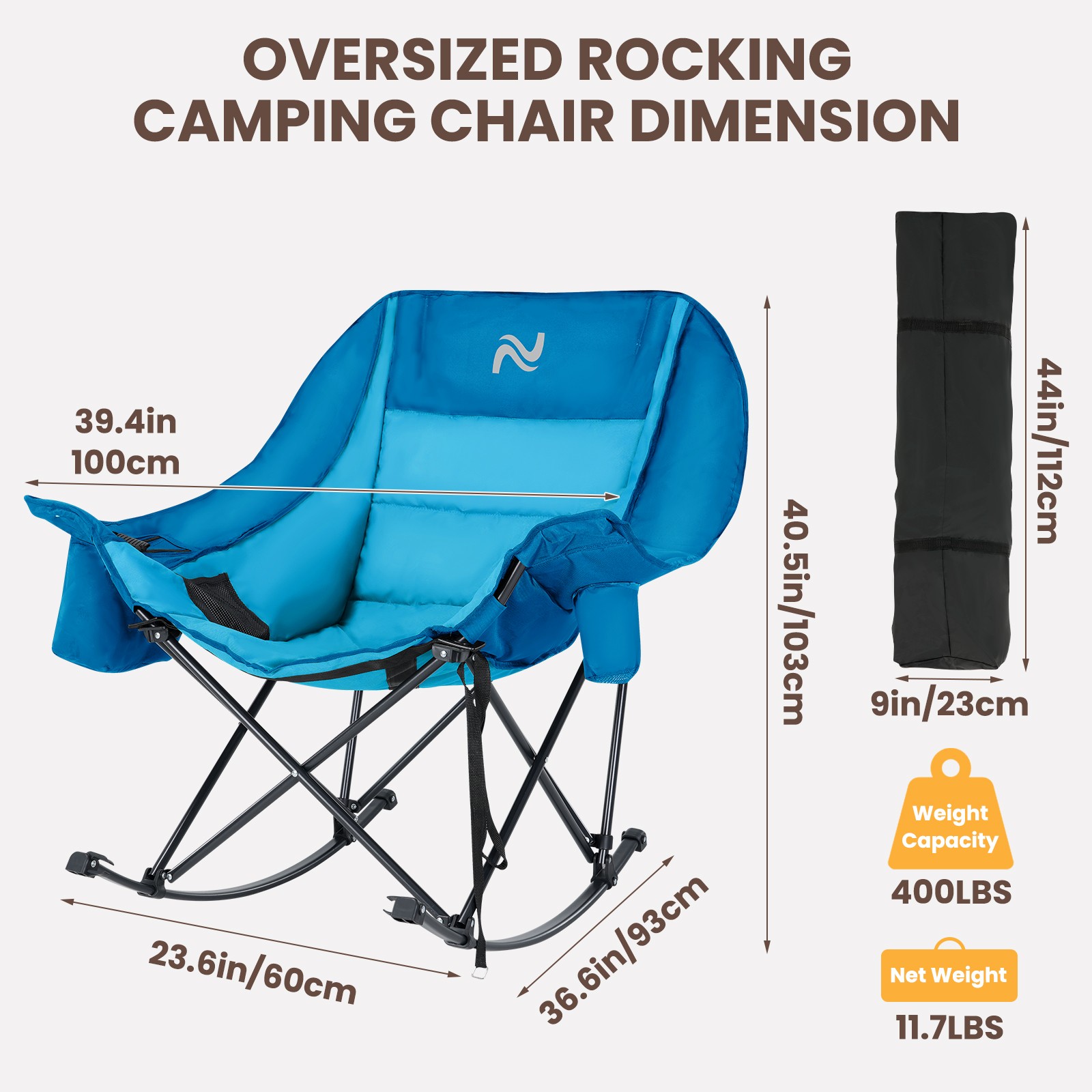 NAIZEA Rocking Chair Outdoor Folding Camping Chair with Cooler Bag Side Pocket