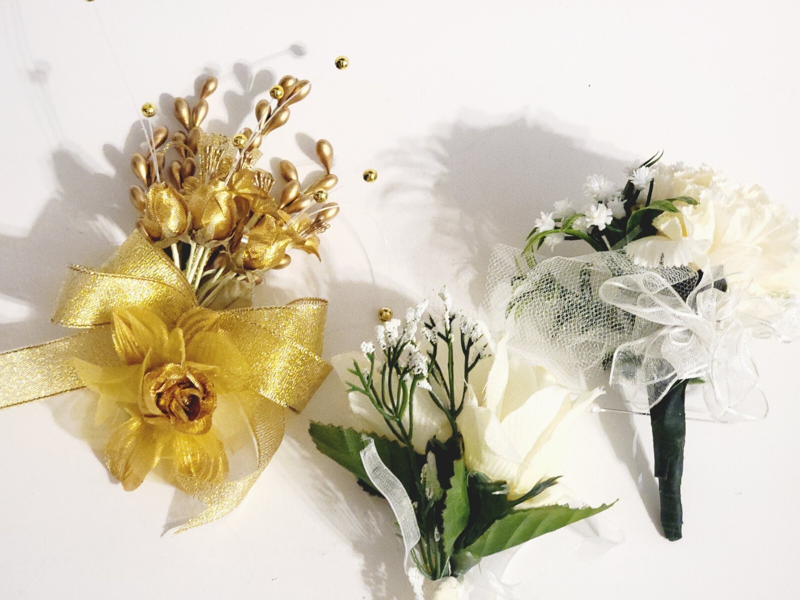 Set of 3 White or Gold Boutonniere For Wedding Prom, Artificial Flowers
