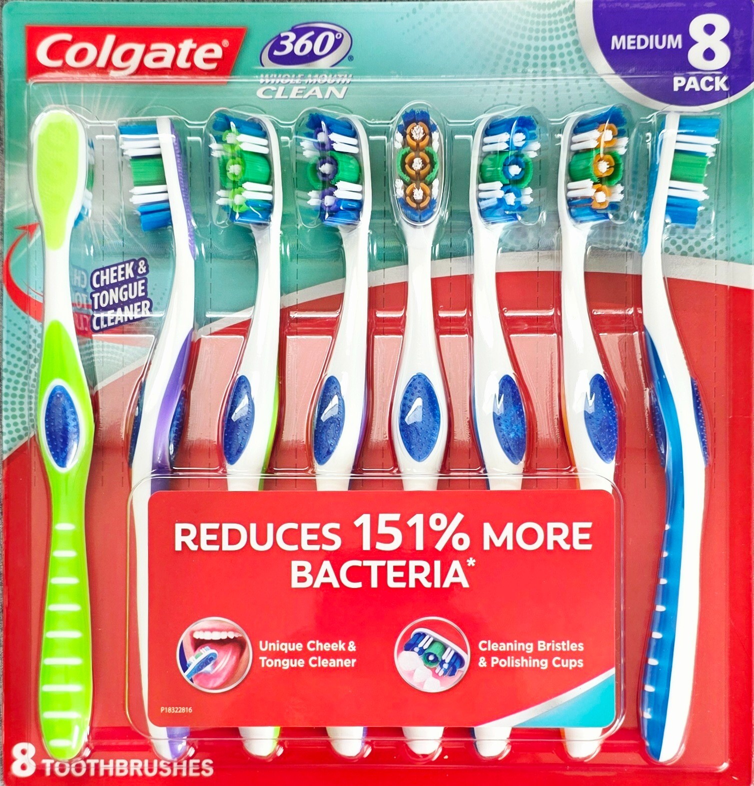 8 Colgate 360 Medium Toothbrush with Tongue and Cheek Cleaner, 8 Count