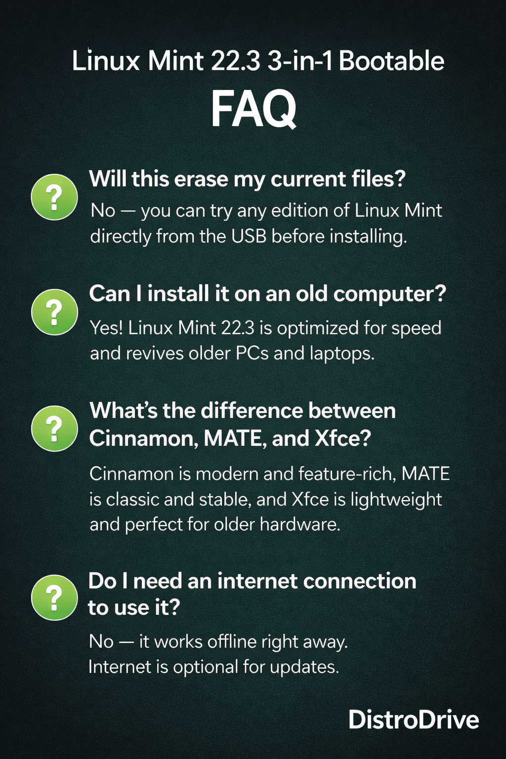 Linux Mint 22.3 Bootable USB Drive 64-bit Linux OS 3-in-1 Cinnamon MATE Xfce