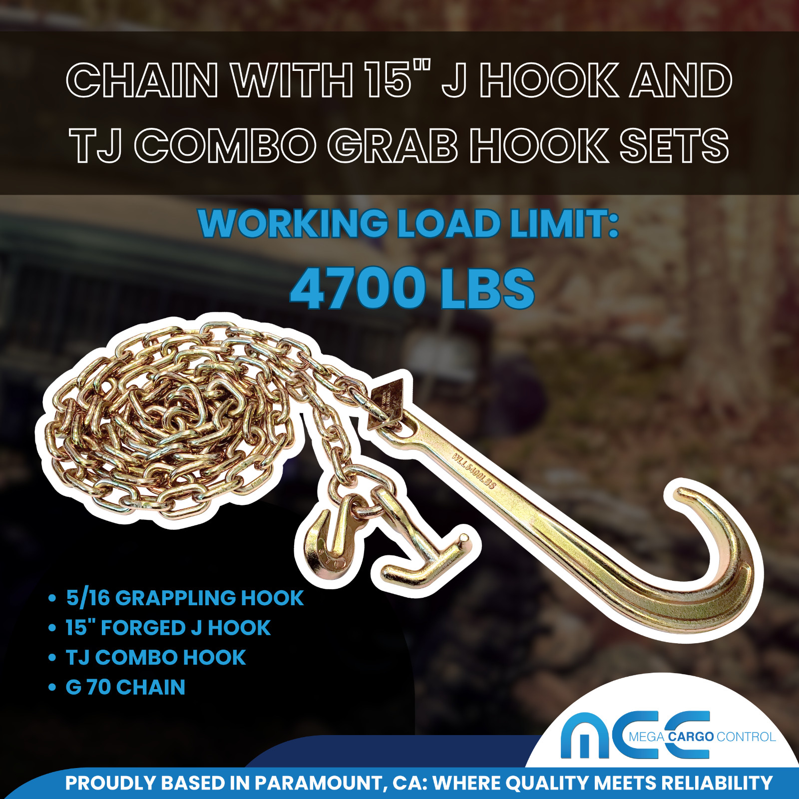 1 Pack G70 5/16" x 10ft Tow Chain w/ 15” J Hook & TJ Combo Hook & Grab Hook