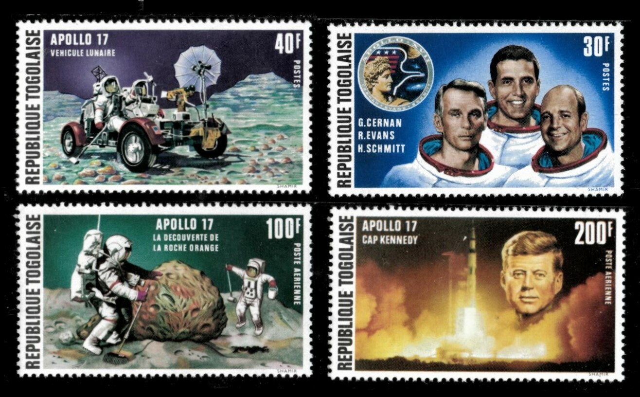 Togo 1973 - Apollo 17 Moon, JFK - Set of 4 Stamps - Scott #836-37, C196-97 - MNH