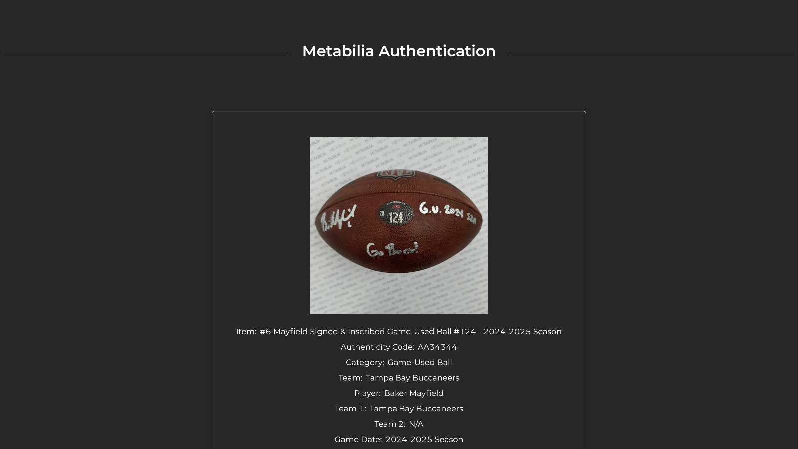 Baker Mayfield GAME-USED💪Signed + Inscribed Ball Tampa Bay Buccaneers 24-25 Szn