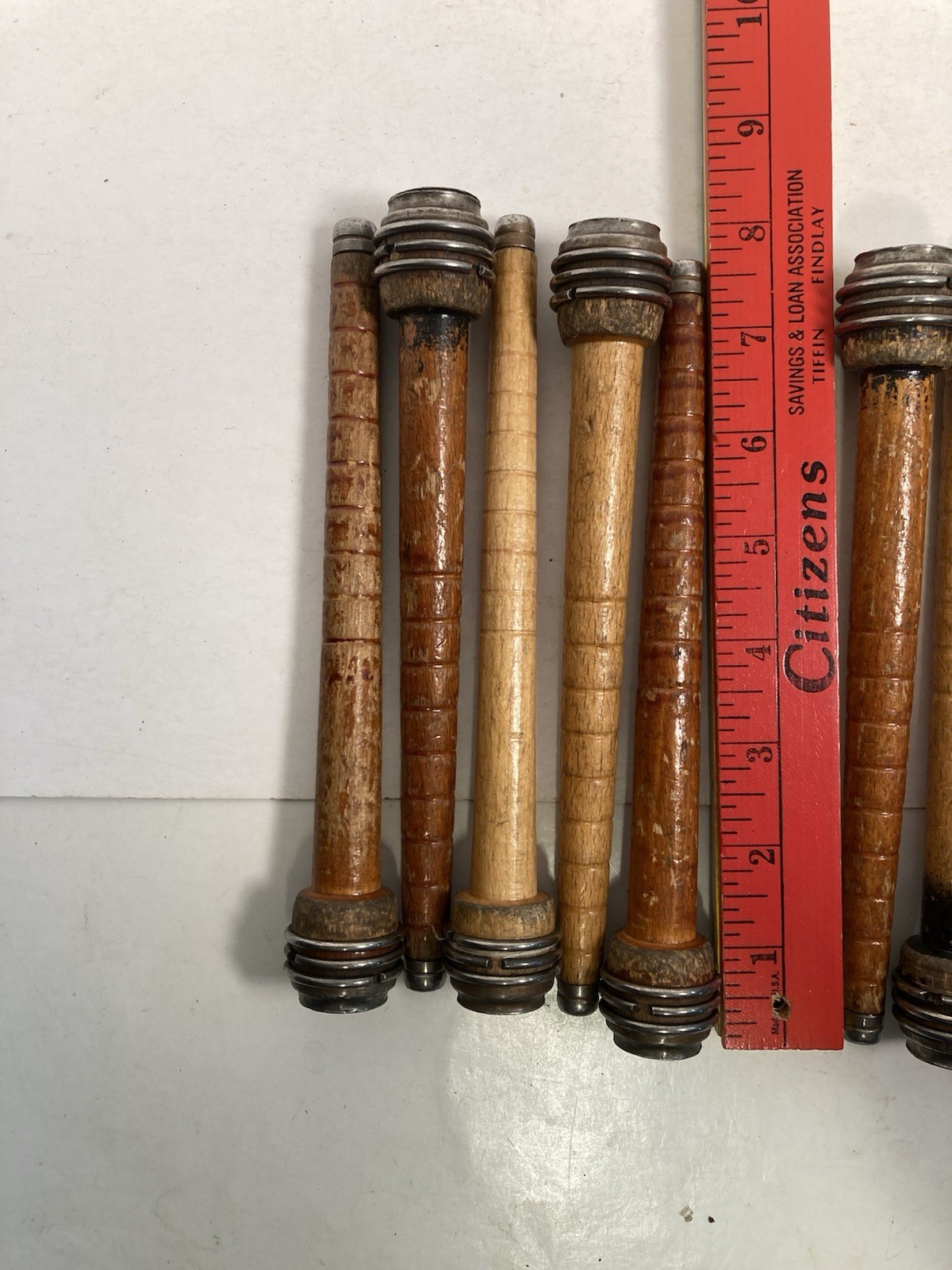 Wood Bobbins, 7.75" with METAL HEAD, Reclaimed Textile, quills - lot of 10