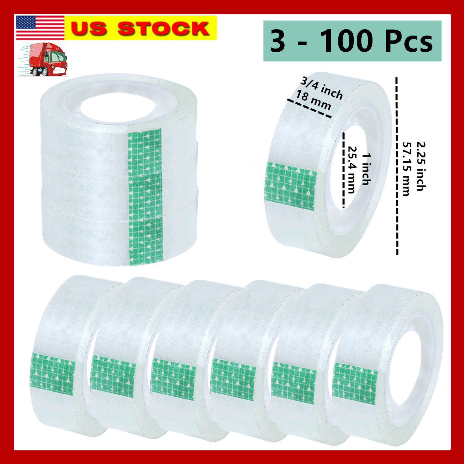 100 Rolls Crystal Small Clear Transparent Tape Dispenser Refill 3/4" x 1000"