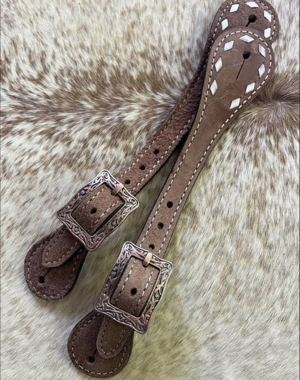 Pair Adult Roughout Leather Western Spur Straps Laced Edges FREE SHIPPING