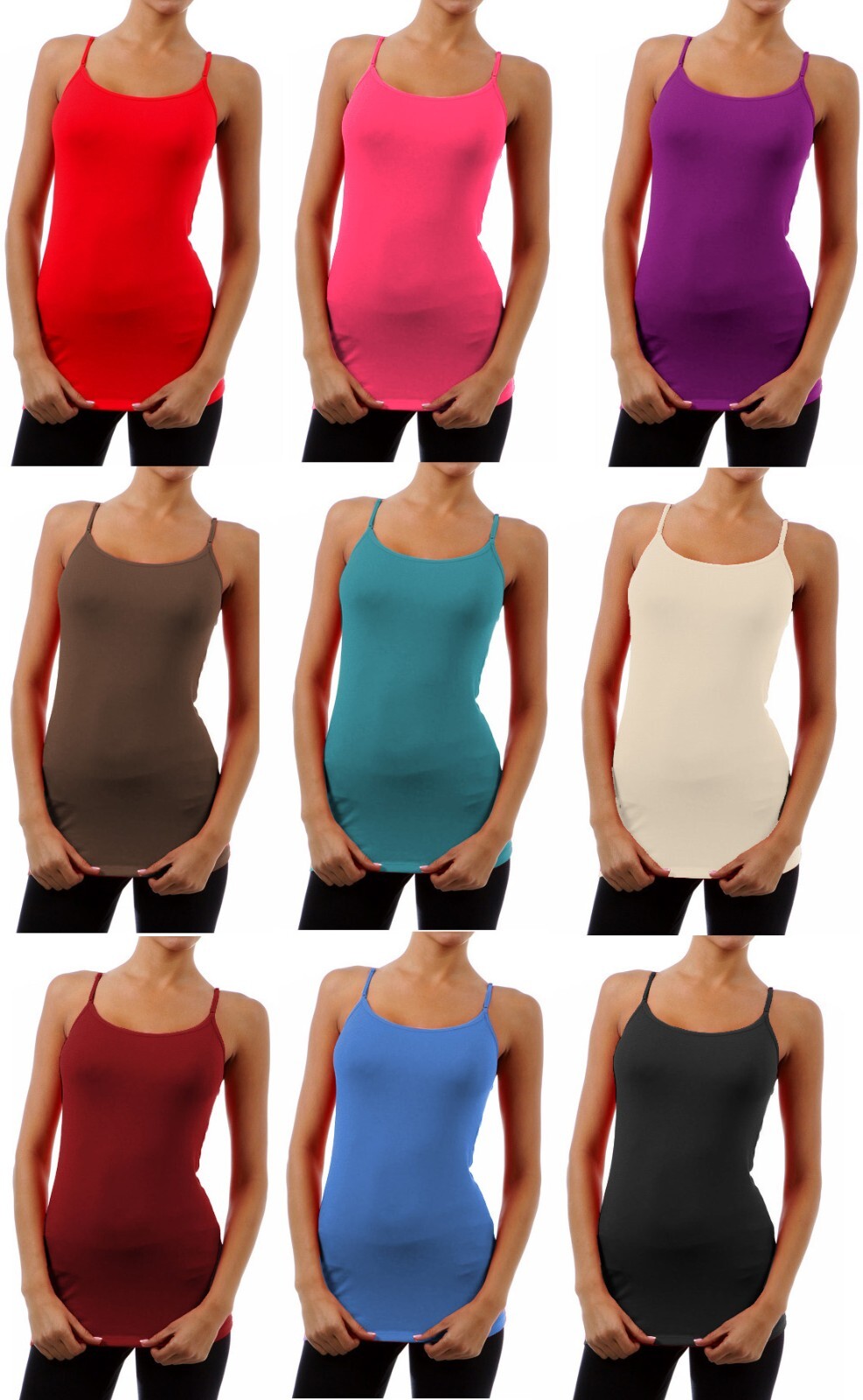 Womens Long Cami With Built in Shelf Bra Layering Spaghetti Strap Tank Top