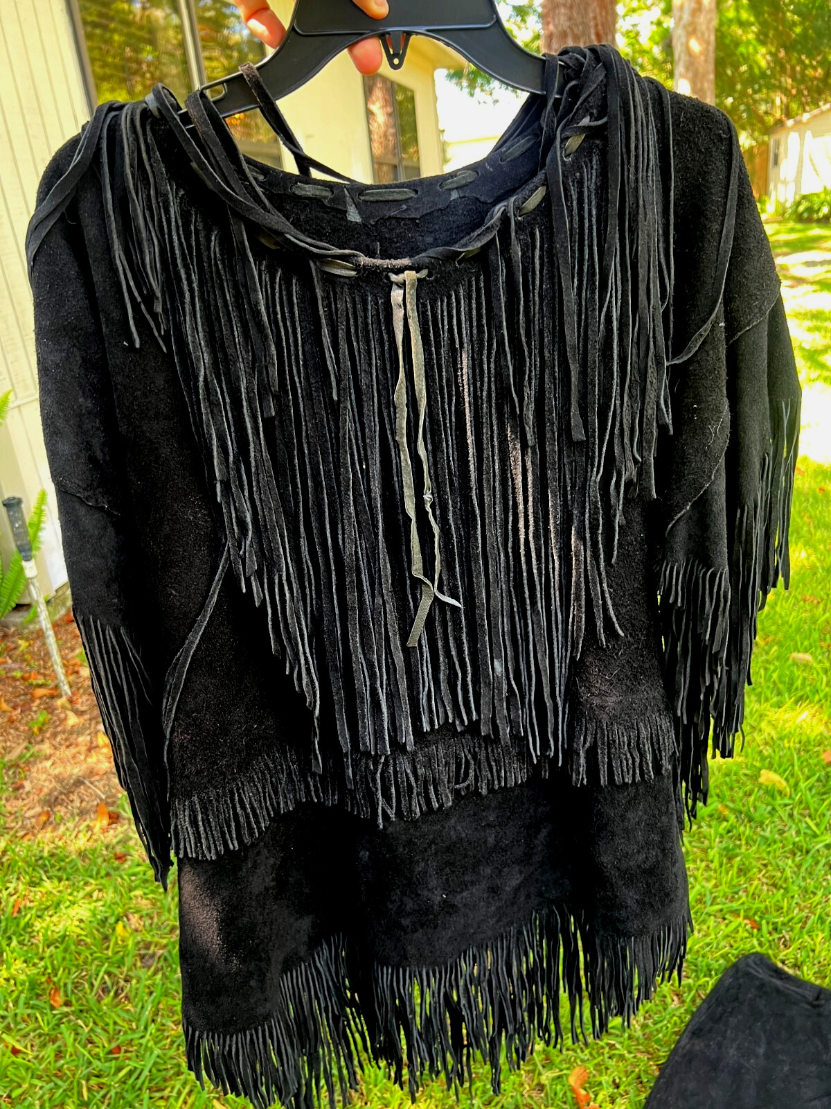 Native American Indian Black Suede Fringe Shawl & Skirt Leather 1970s Vintage!