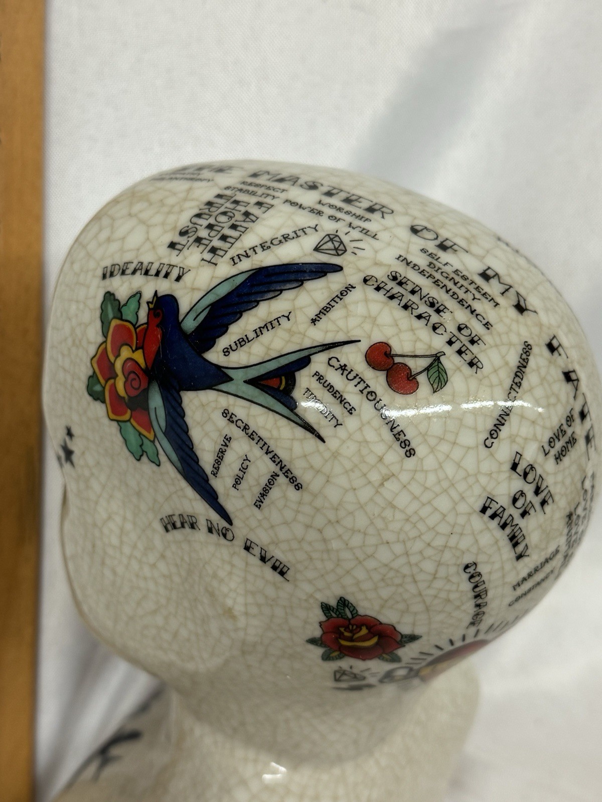 Tattooed Phrenology Head Bust Three Hands Corp Crackle Glazed