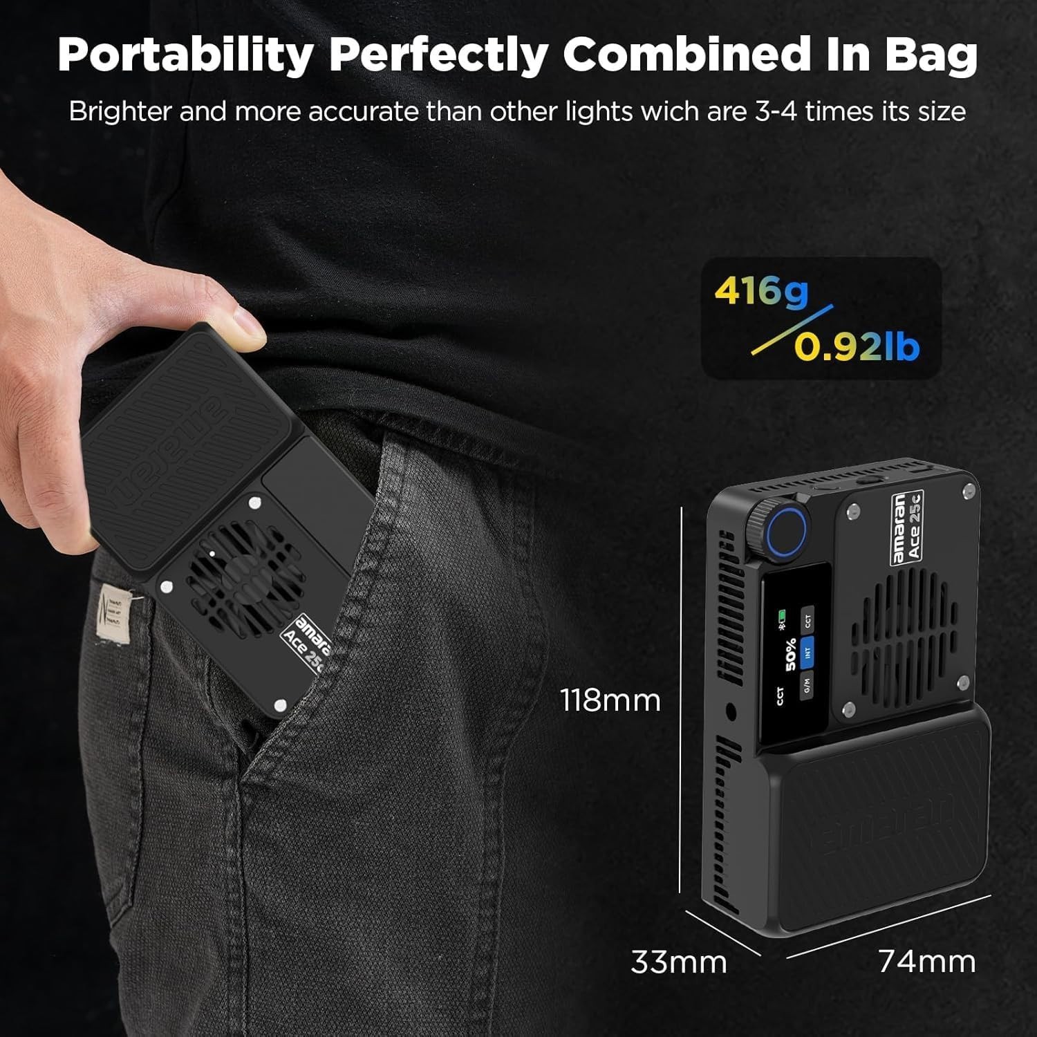 Amaran Ace 25c Pocket RGBWW LED Light Boost Mode Up to 32W Full-Color Mini Light
