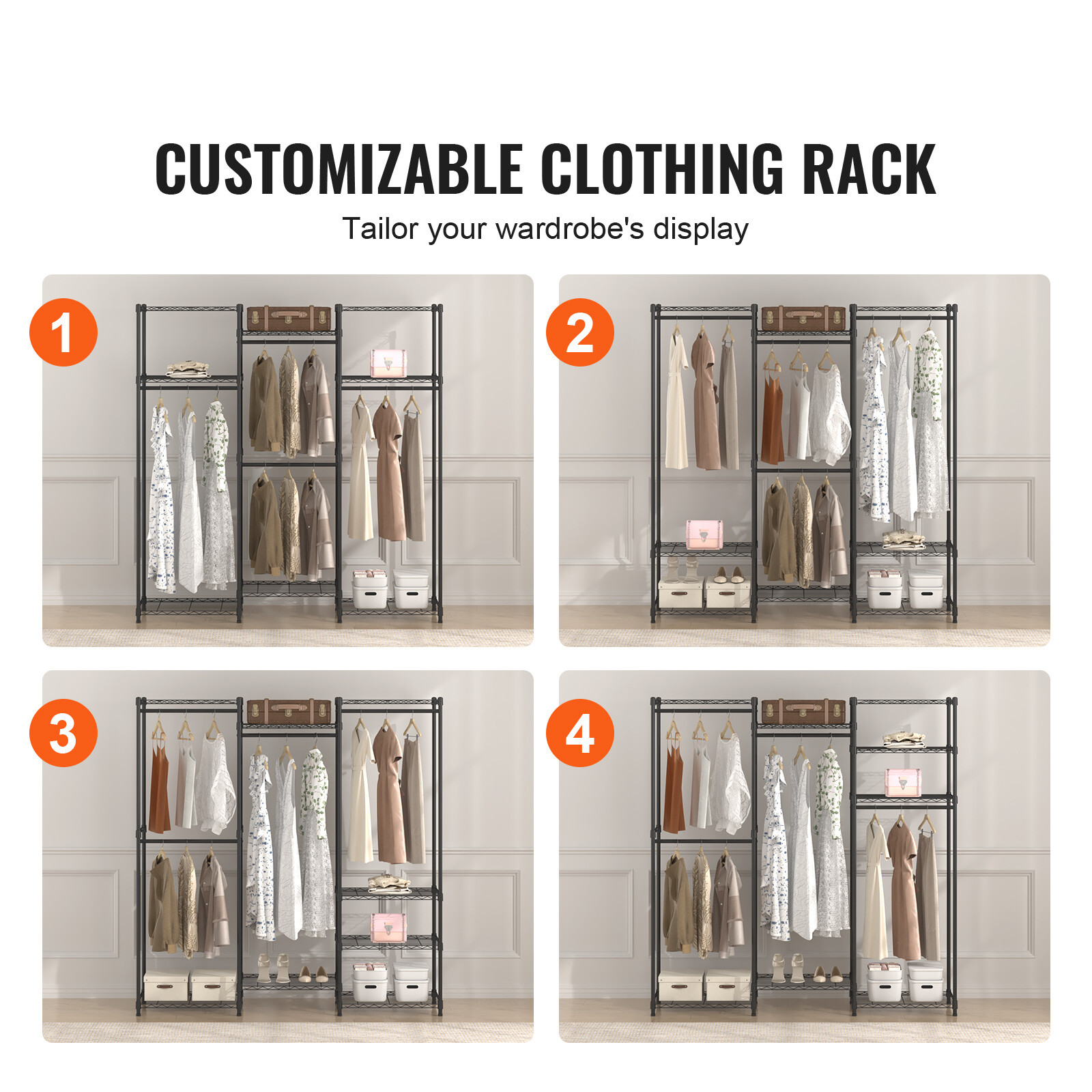 VEVOR Clothes Rack Rolling Clothing Garment Rack 4 Hang Rods & 8 Storage Tiers