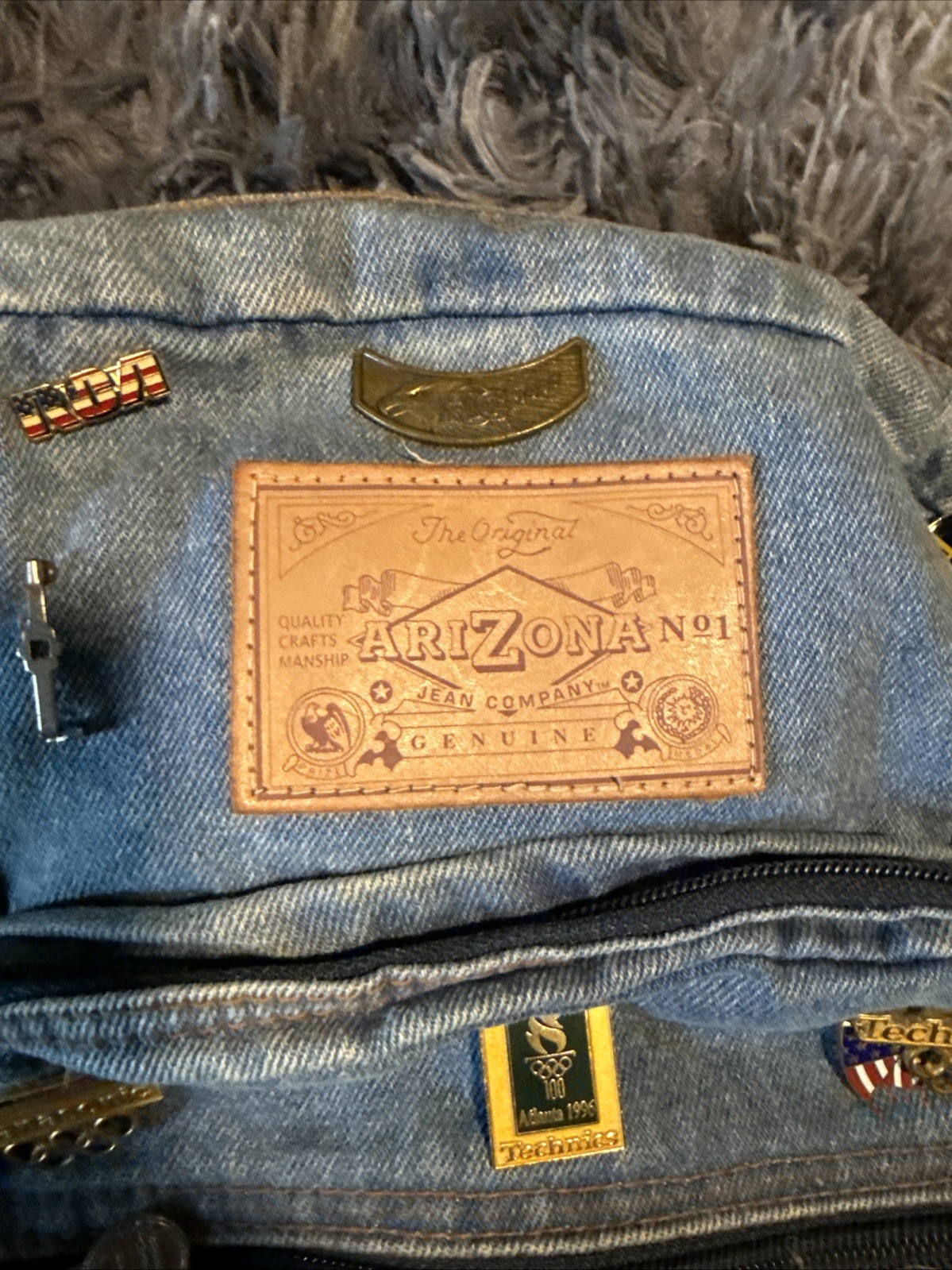 Vintage arizona denim back pack, travel pins, Ama, bush gardens, hog,Air force,