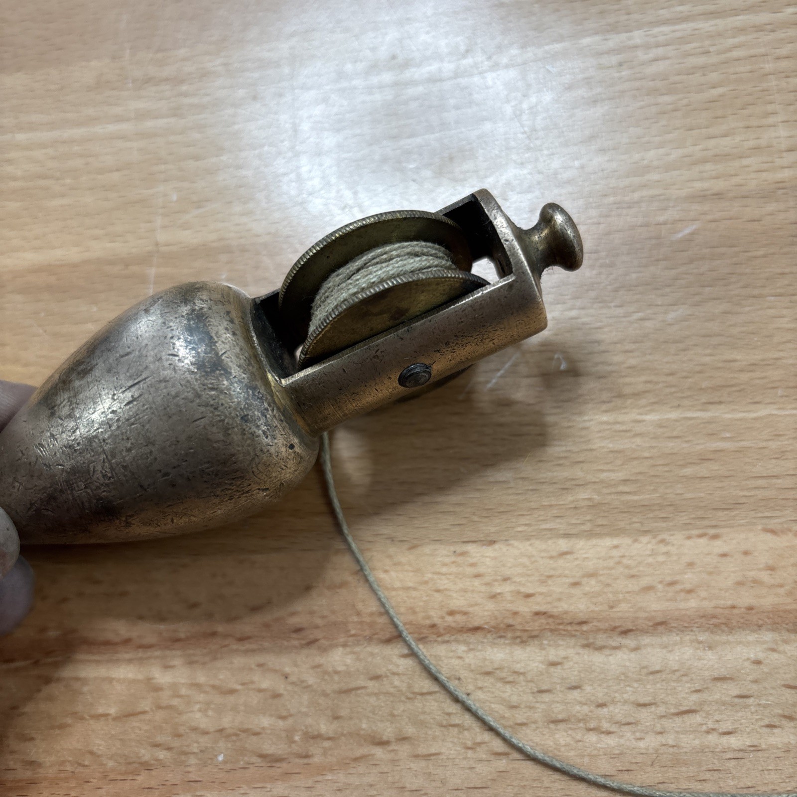 Vintage early Brass Plumb bob W / Integrated Reel Cord (Stanley?)