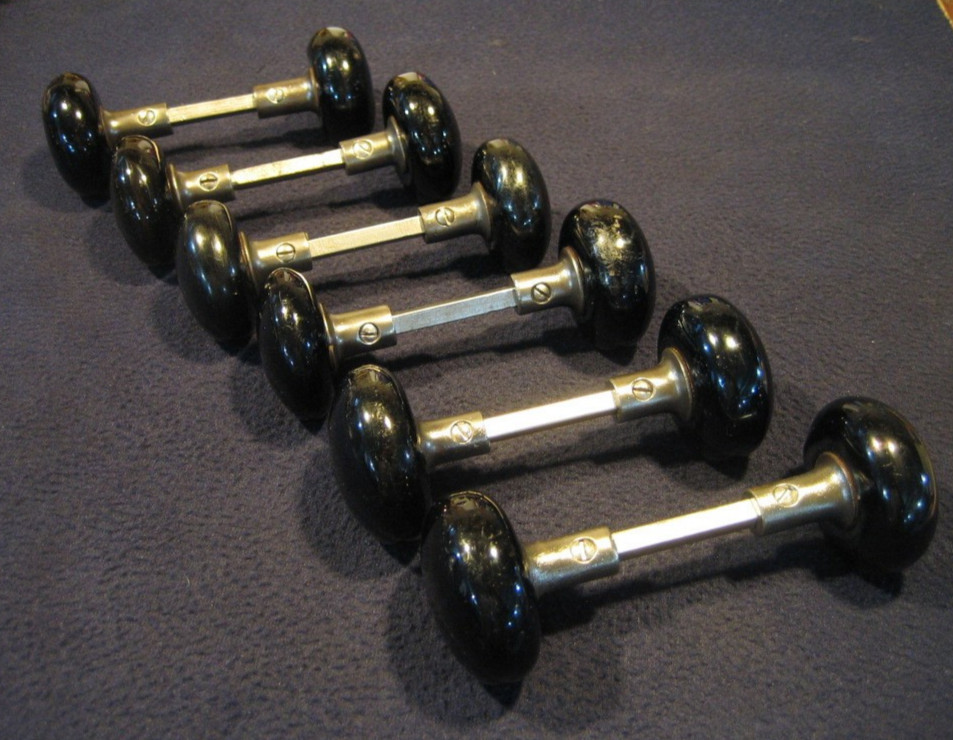 Nice Pair Antique Victorian Jet Black Porcelain Door Knobs 5/8 Shanks - 1890's