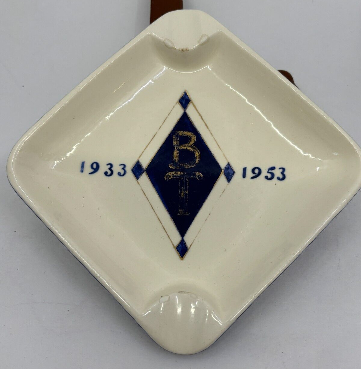 Set of 2 Handmade Ceramic Ash Trays Squares with Initials BT and Dates 1933 1953