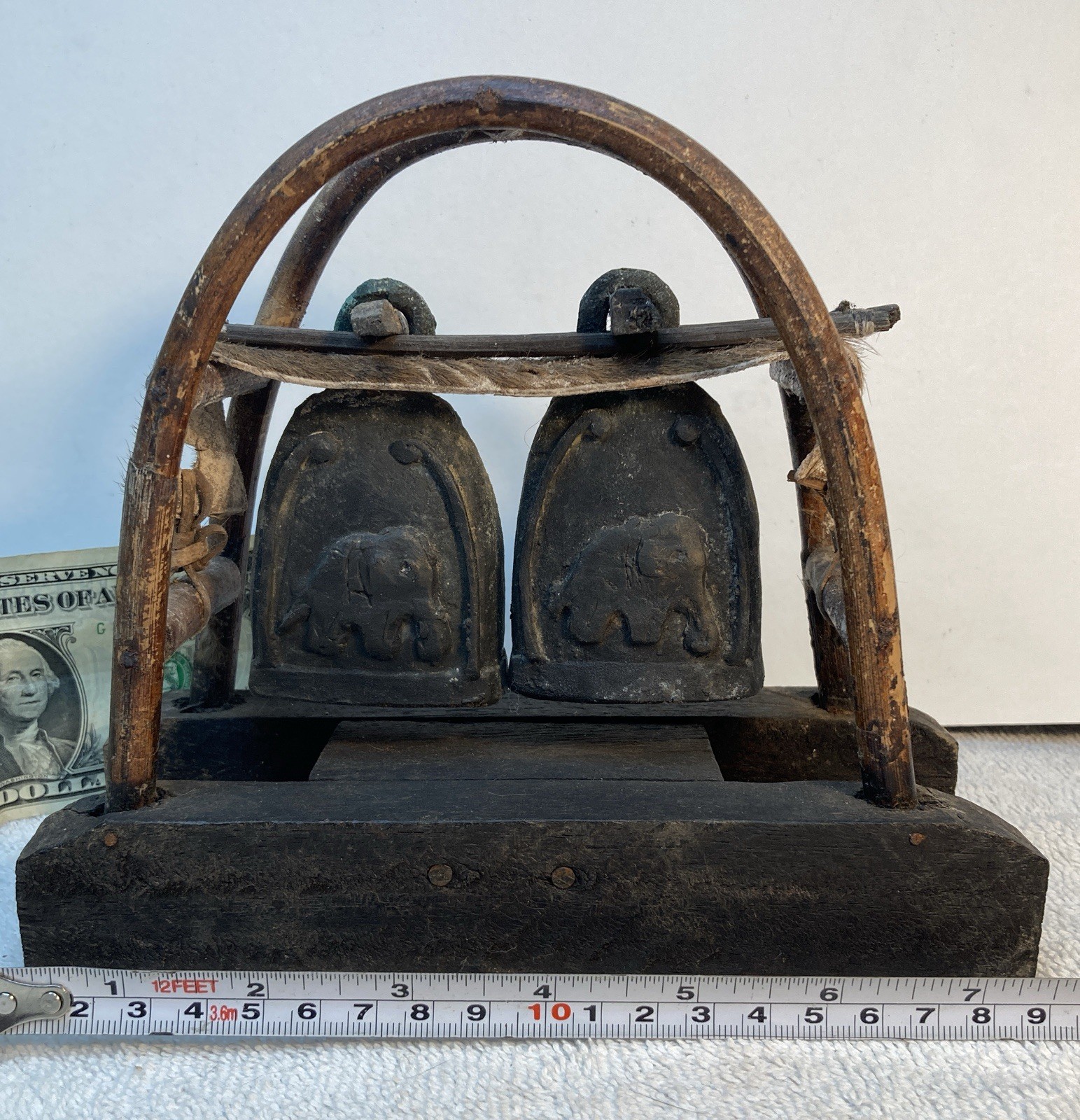 Vtg Karen Hill Tribe Double Elephant Bell w/ Bent Wood Stand & Hide - Thailand