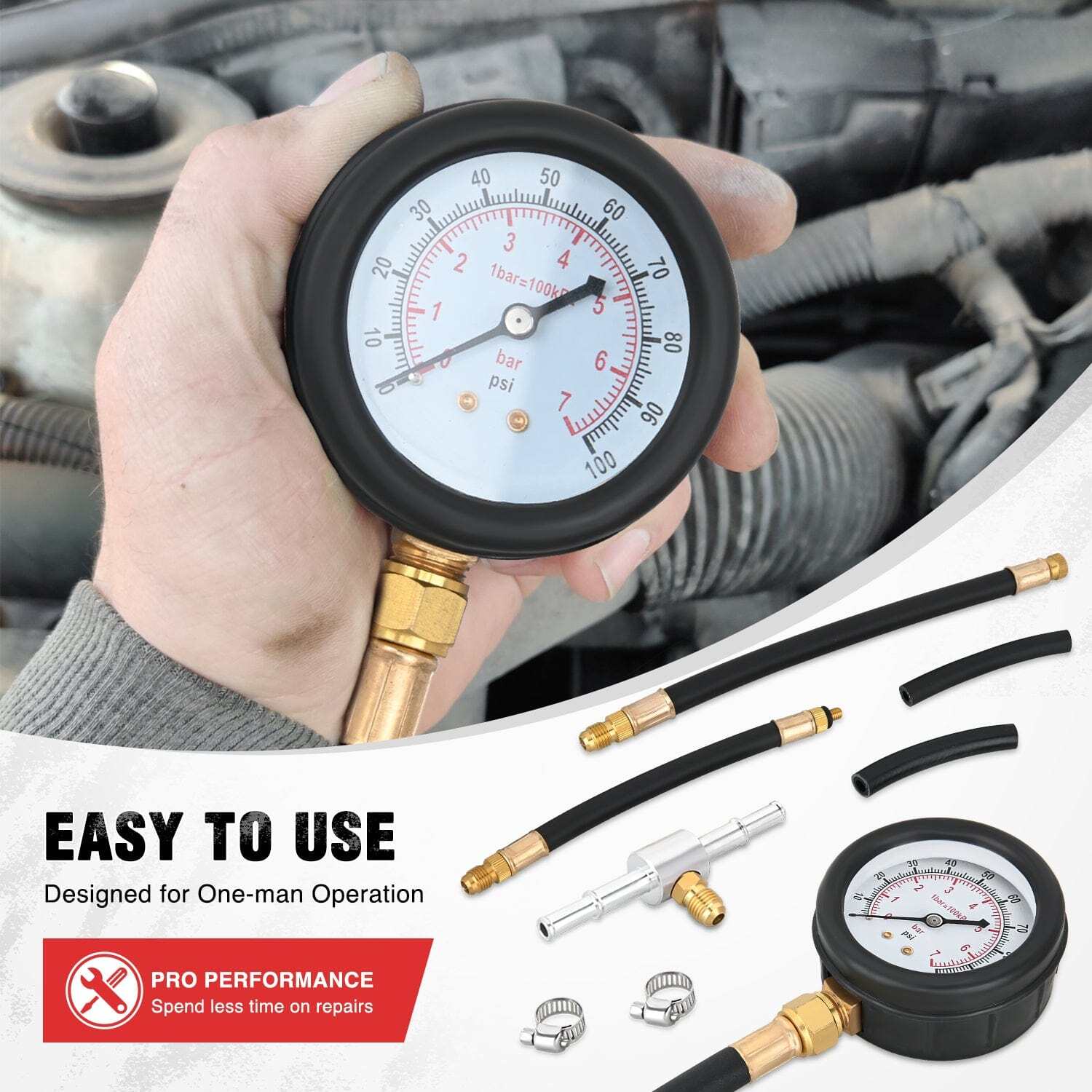 9pcs 0-100 PSI Fuel Injection Pump Pressure Gauge Petrol Engine Diagnostic