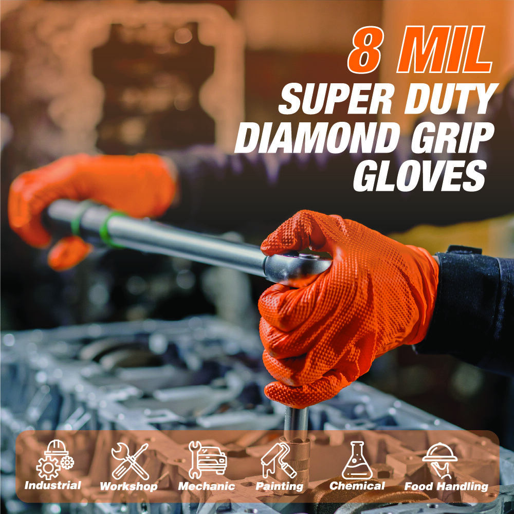 Heavy Duty Industrial Orange Nitrile Gloves with Raised Diamond Texture, 8-mil