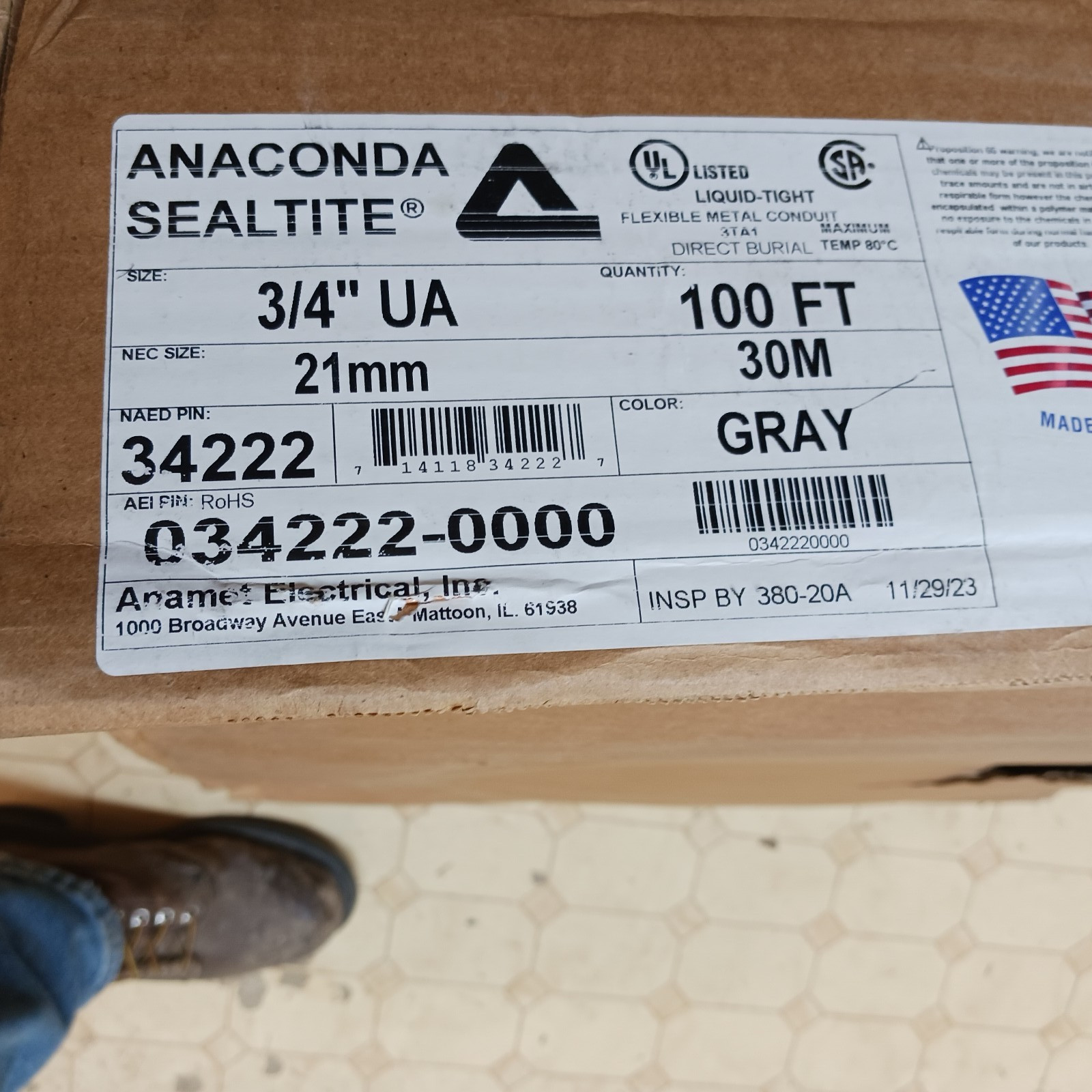 Anaconda 34222 UA 3/4" Flexible Steel Liquid Tight Electrical Conduit U.S.A 100'