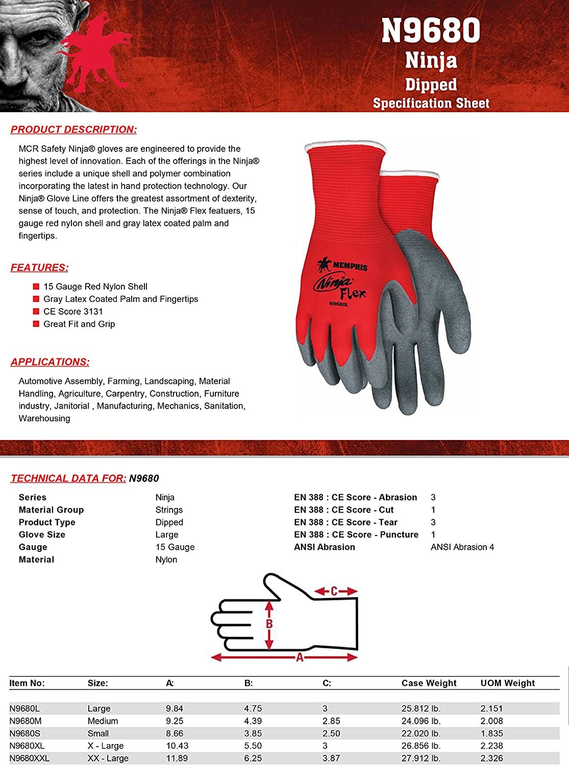 MCR N9680 RED Ninja Flex Latex Coated Work Gloves - 15 Gauge, 12 PAIR, SM-2XL