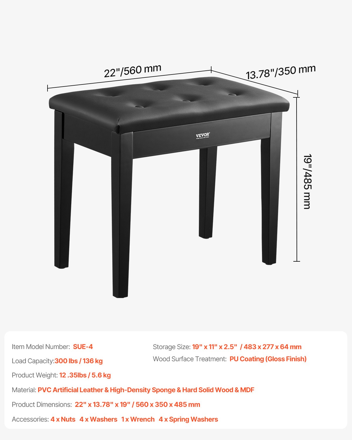 VEVOR Piano Keyboard Bench Storage Padded Cushion Seat Wooden Vanity Bookcase