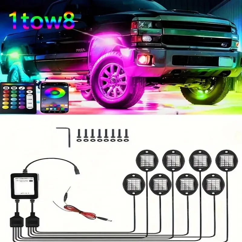 8Pods RGB LED Rock Lights Offroad Music Wireless Bluetooth Underglow Neon Lights