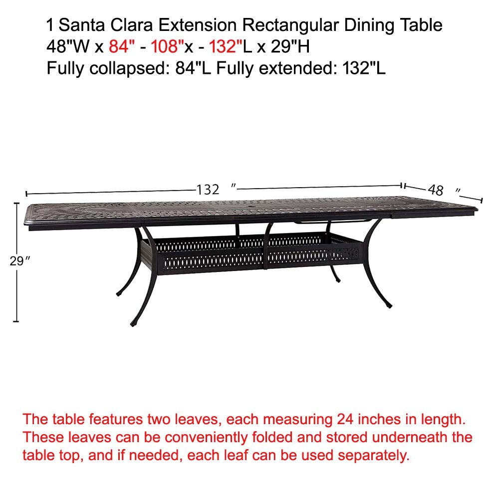 Patio outdoor dining table Santa Clara cast Aluminum rectangular extendable 132"