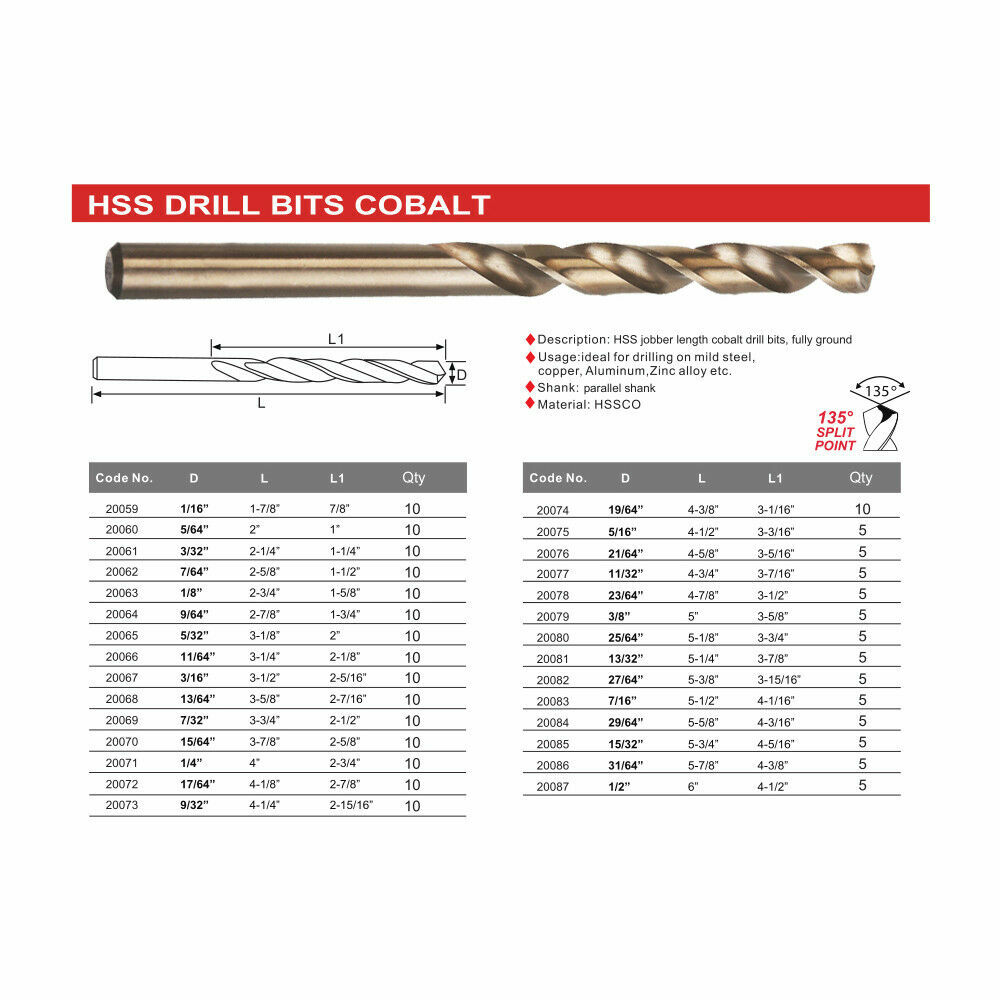 Drillforce 10PC 1/8" Cobalt Drill Bits Set HSS M35 Jobber Length Metal Drill Bit
