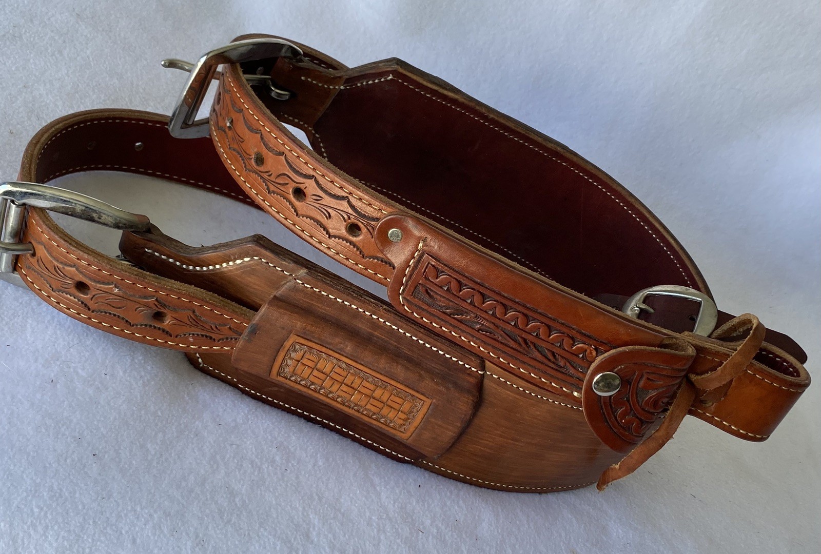 High QUALITY Double Stitch TOOLED Skirt Leather Back Flank Cinch &Billet SET~EUC