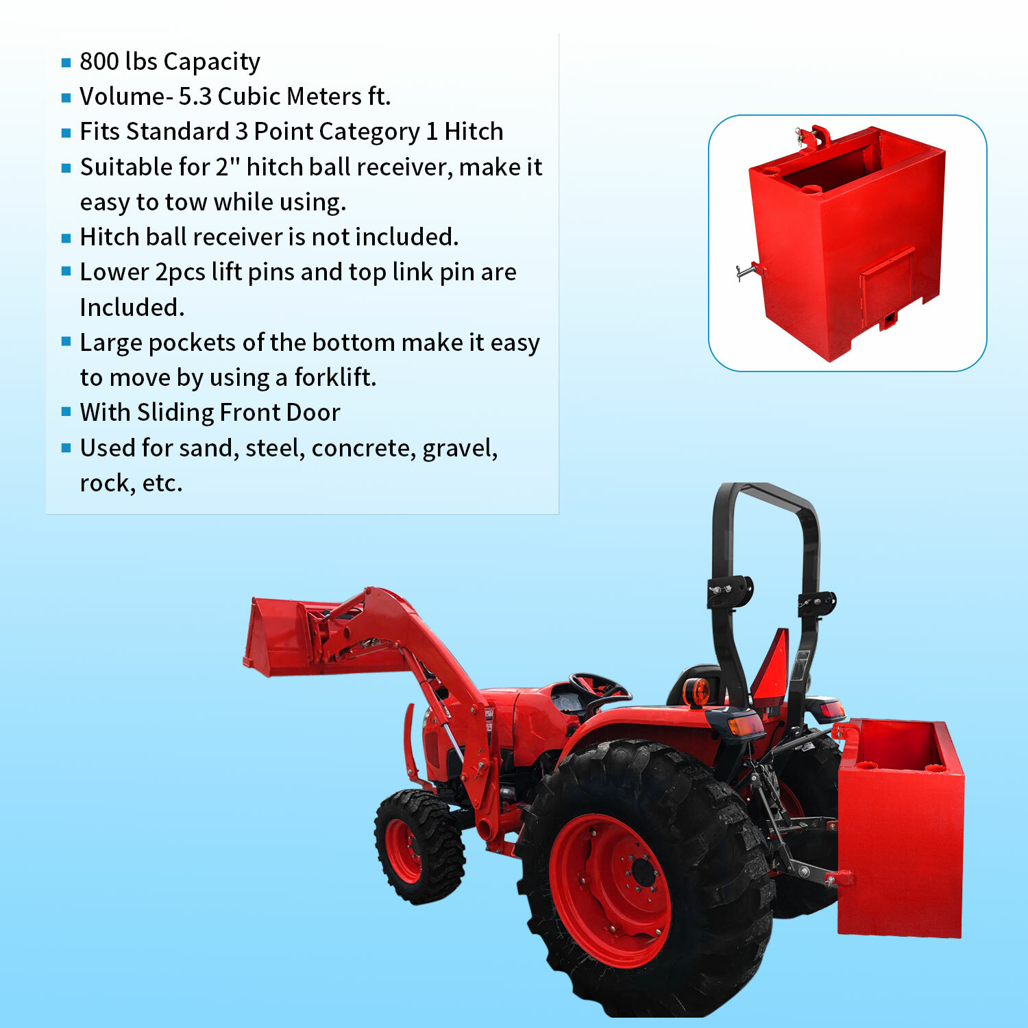 3 Point Ballast Box Mounted Category 1 Tractor Loader Counterweight Attachment