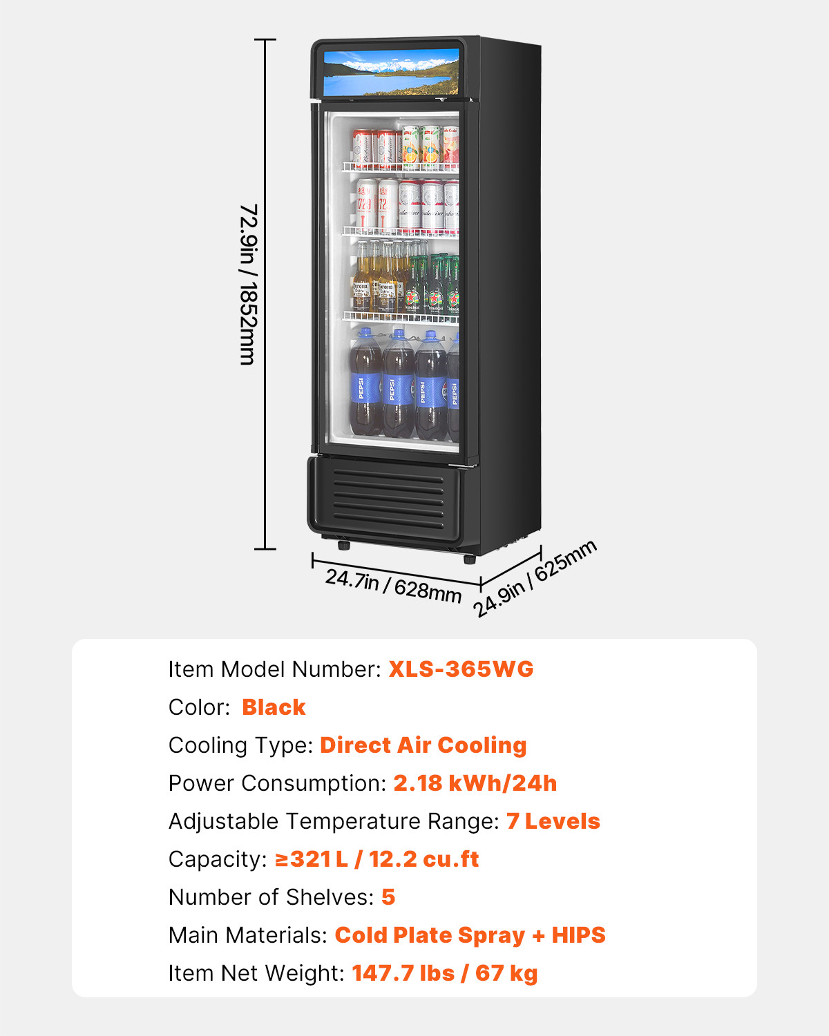 VEVOR Commercial Merchandiser Refrigerator 12.2 CU.FT Glass Door Display
