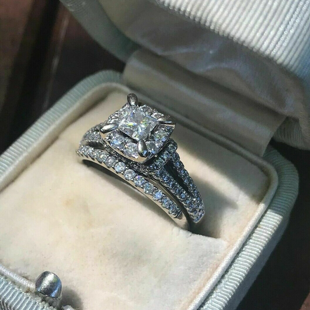 1.8Ctw White Princess Cut Simulated Diamond Wedding Ring Matching 925 Silver Set