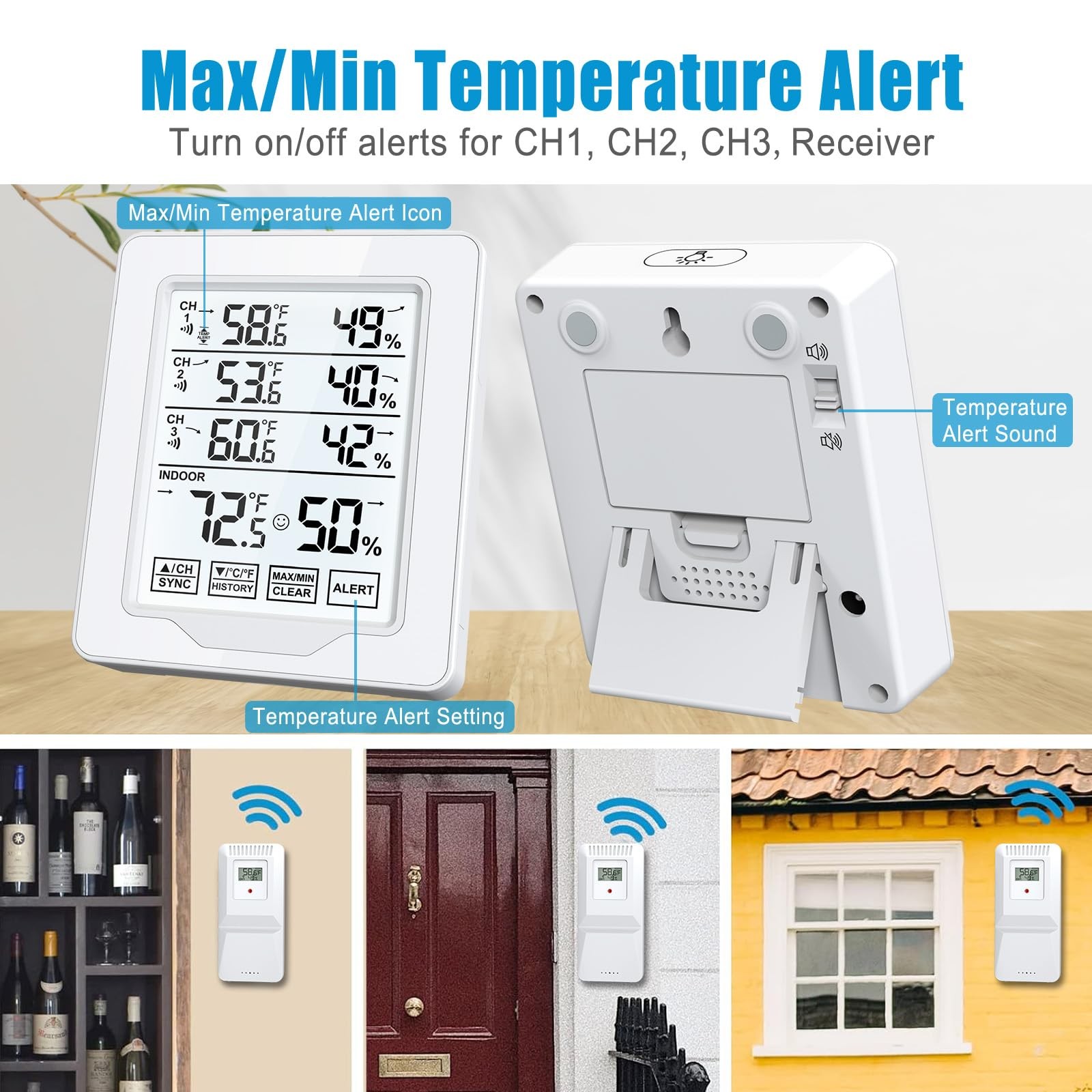 Indoor Outdoor Thermometer Wireless with 3 Remote Sensors Digital Temperature