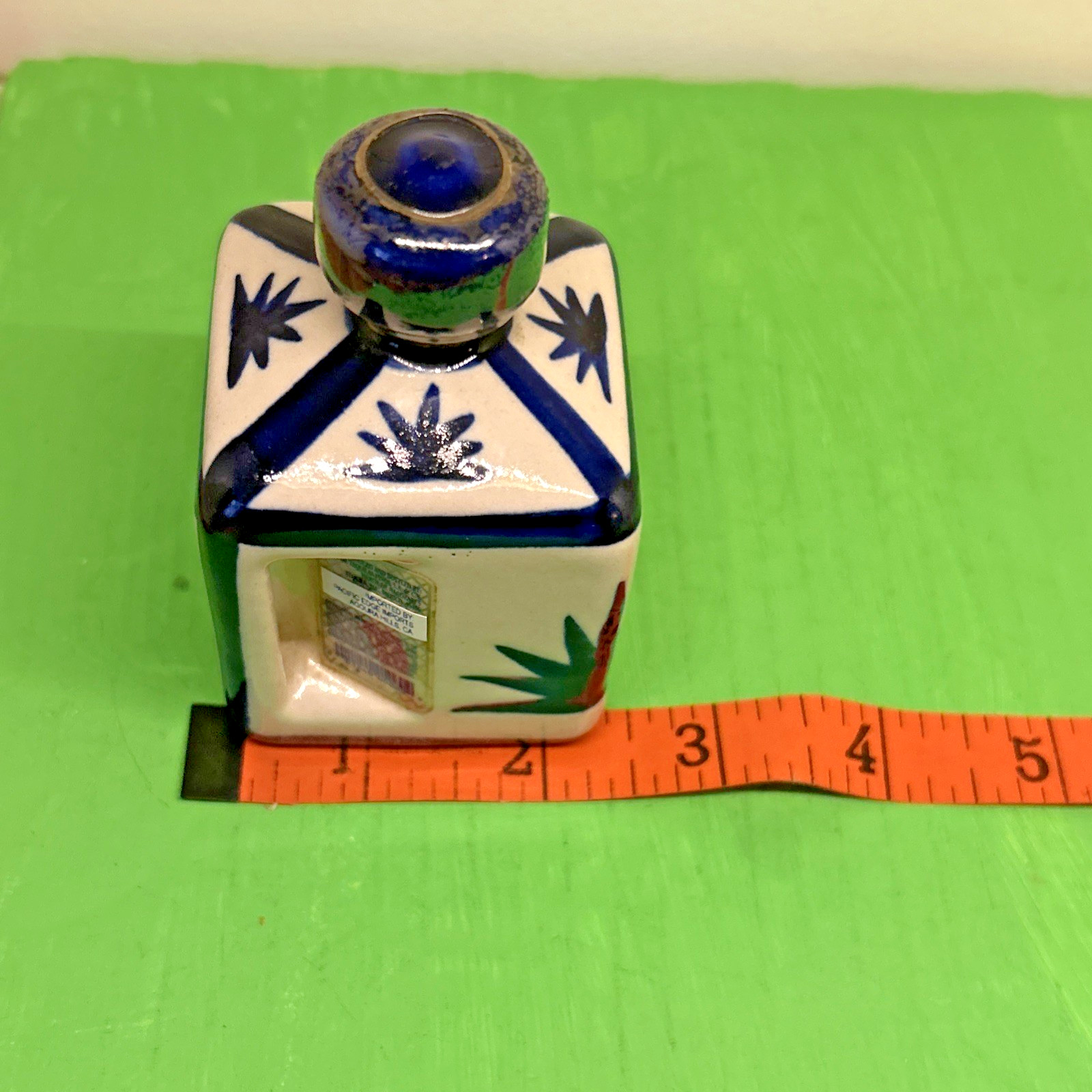 VTG Tonala Tequila Bottle Small White Blue 3" Tall Mexico Miniature "Empty"