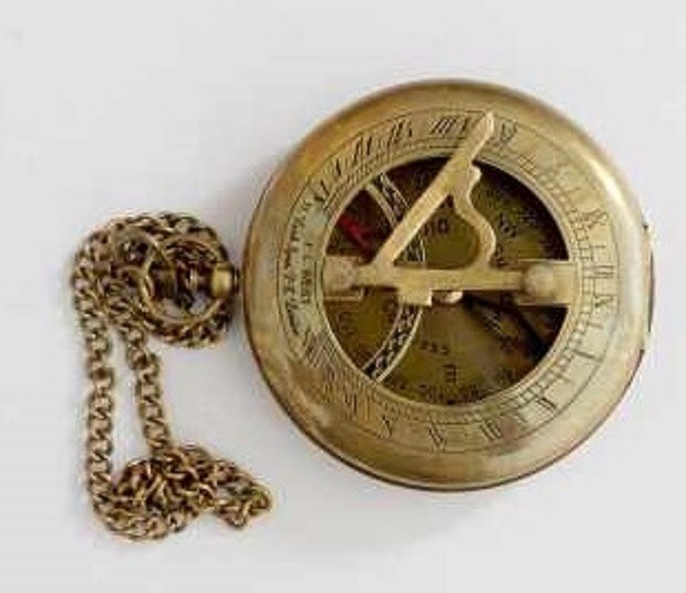 Sun Dial Pocket Watch Brass Compass Chain Antique Old Gold Lustre Wooden Box UK