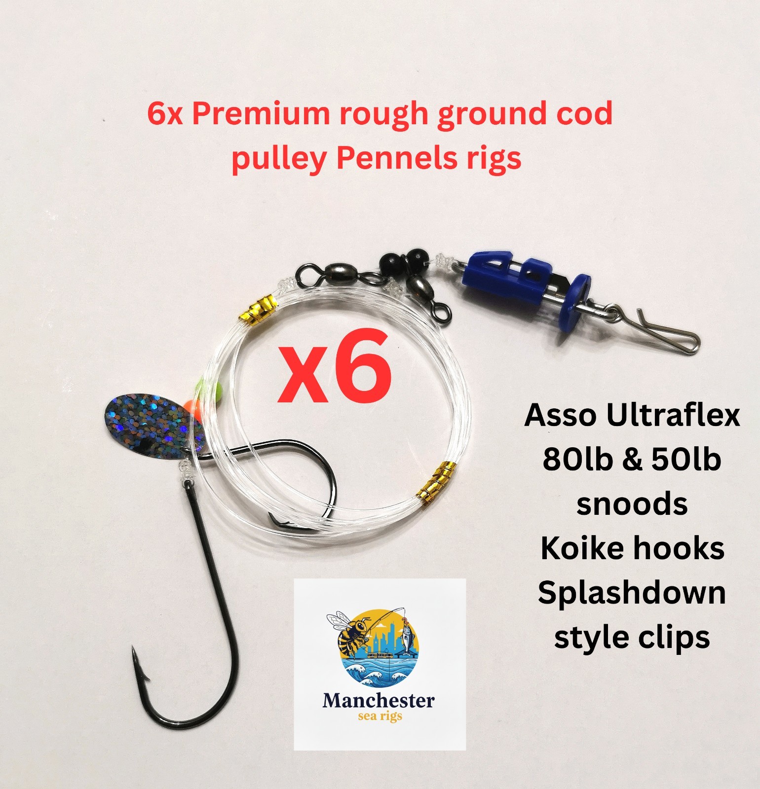 6x Pulley pennel premium winter cod rig Koike Hooks 80lb splashdown style clips