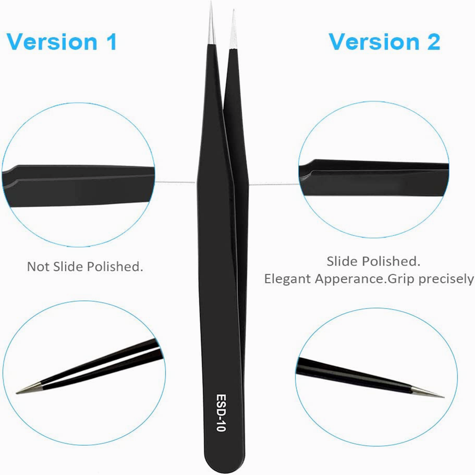 10Pcs ESD Precision Tweezers Set Stainless Steel Tool for Electronics Repair