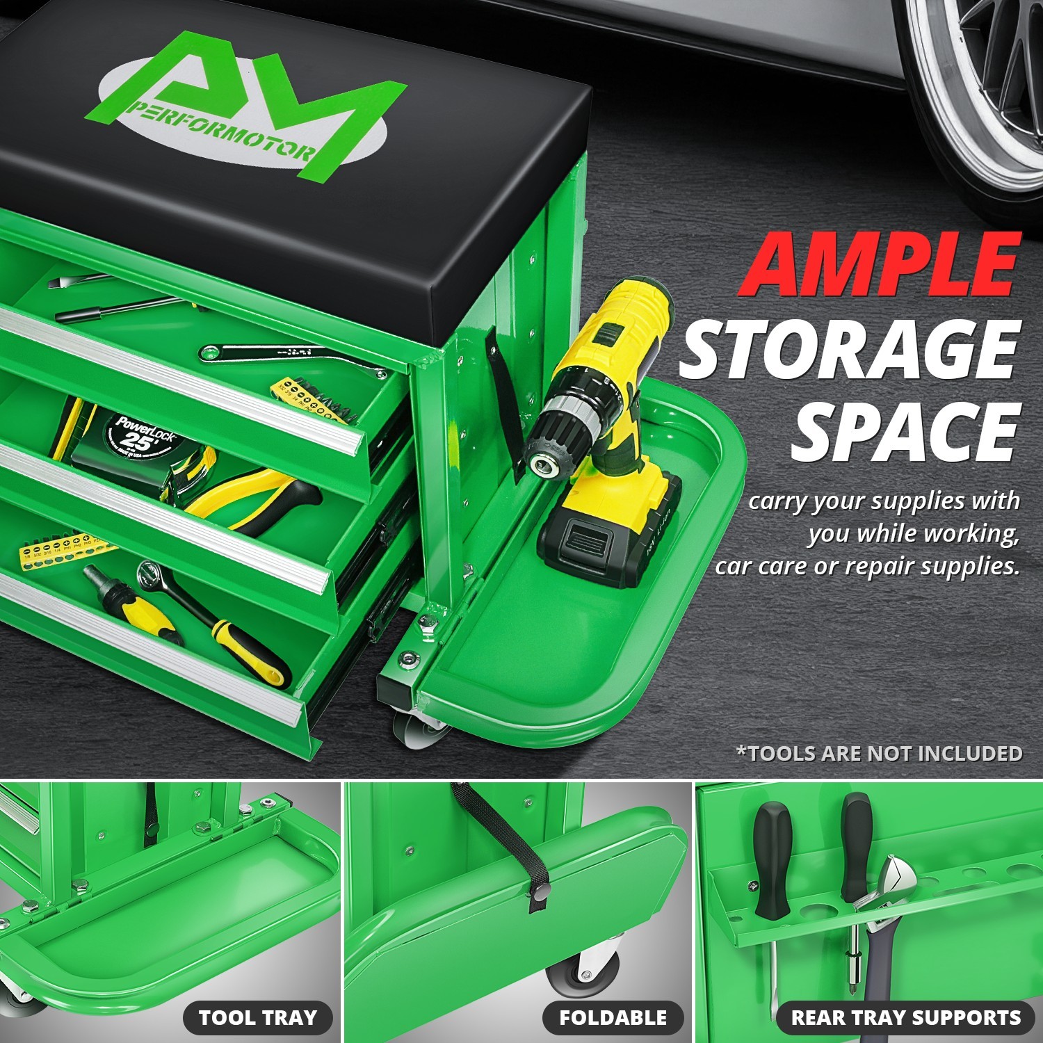Mechanics Roller Work Seat w/ 3-Drawer Tool Box Storage Tray Padded Stool Green