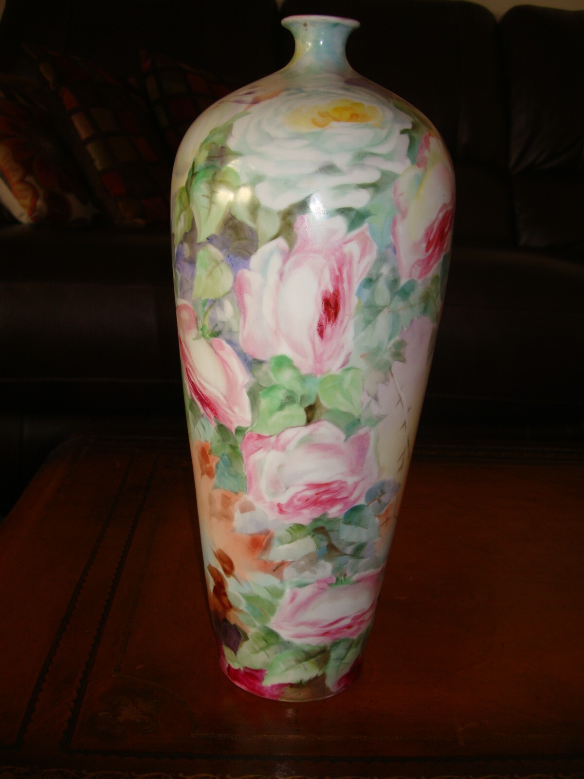 ANTIQUE HOHENZOLLERN GERMANY LARGE 14" HAND PAINTED PORCELAIN VASE, PINK ROSES