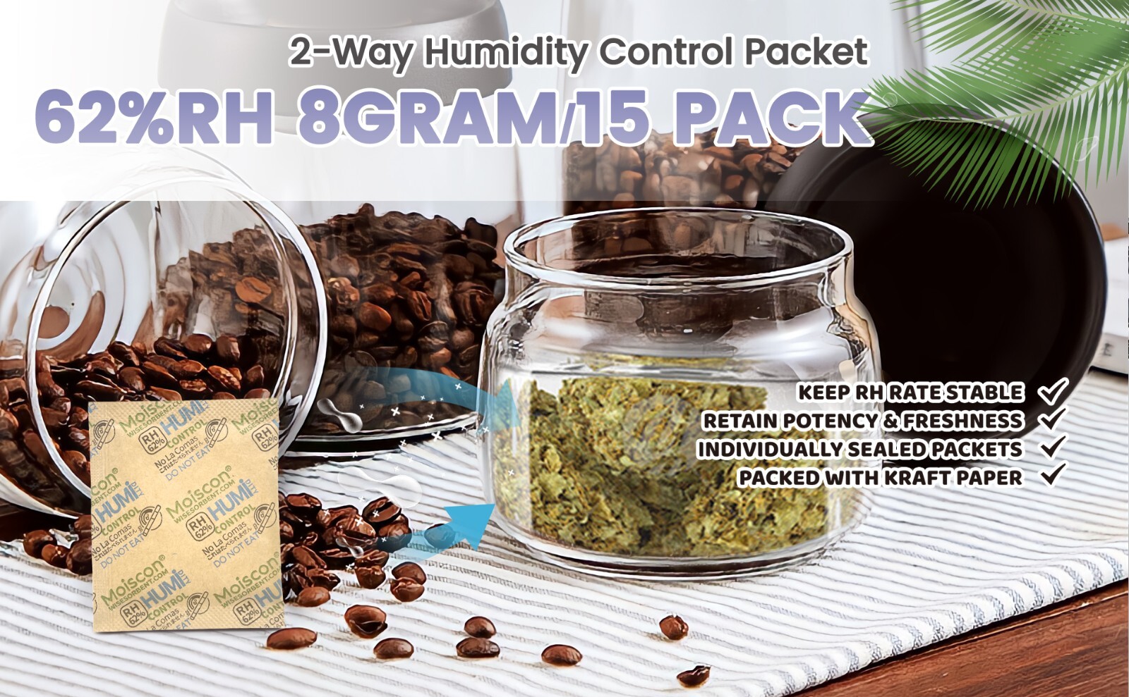 62% RH 8 Gram 2-Way Humidity Control Packs for Storing 1 oz Individually Wrapped