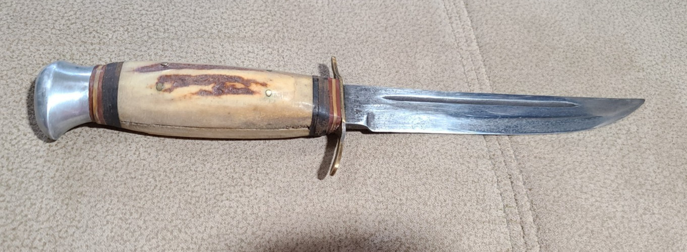 Mohawk Hammer Forged Stag Handle Fixed Blade Knife Germany Elk Embossed Sheath