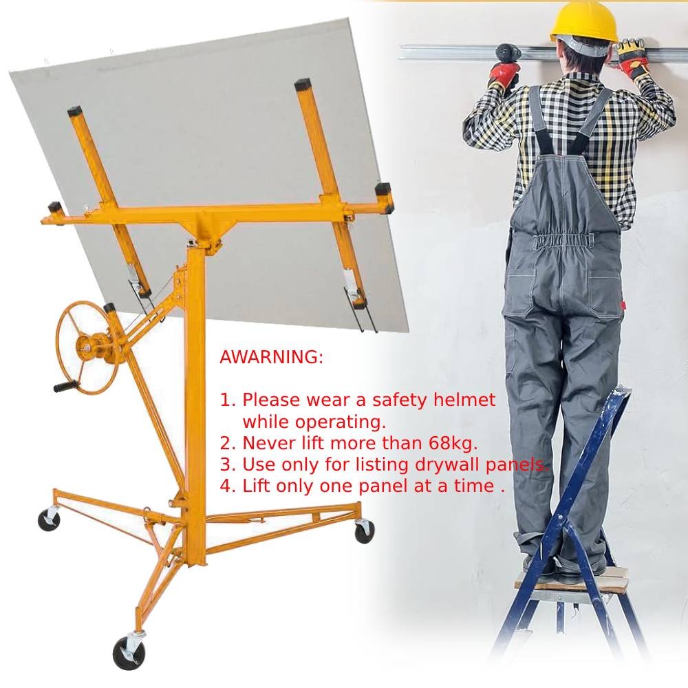 11FT Drywall Lift Plasterboard Panel Rolling Lifter with Lockable Wheels Yellow