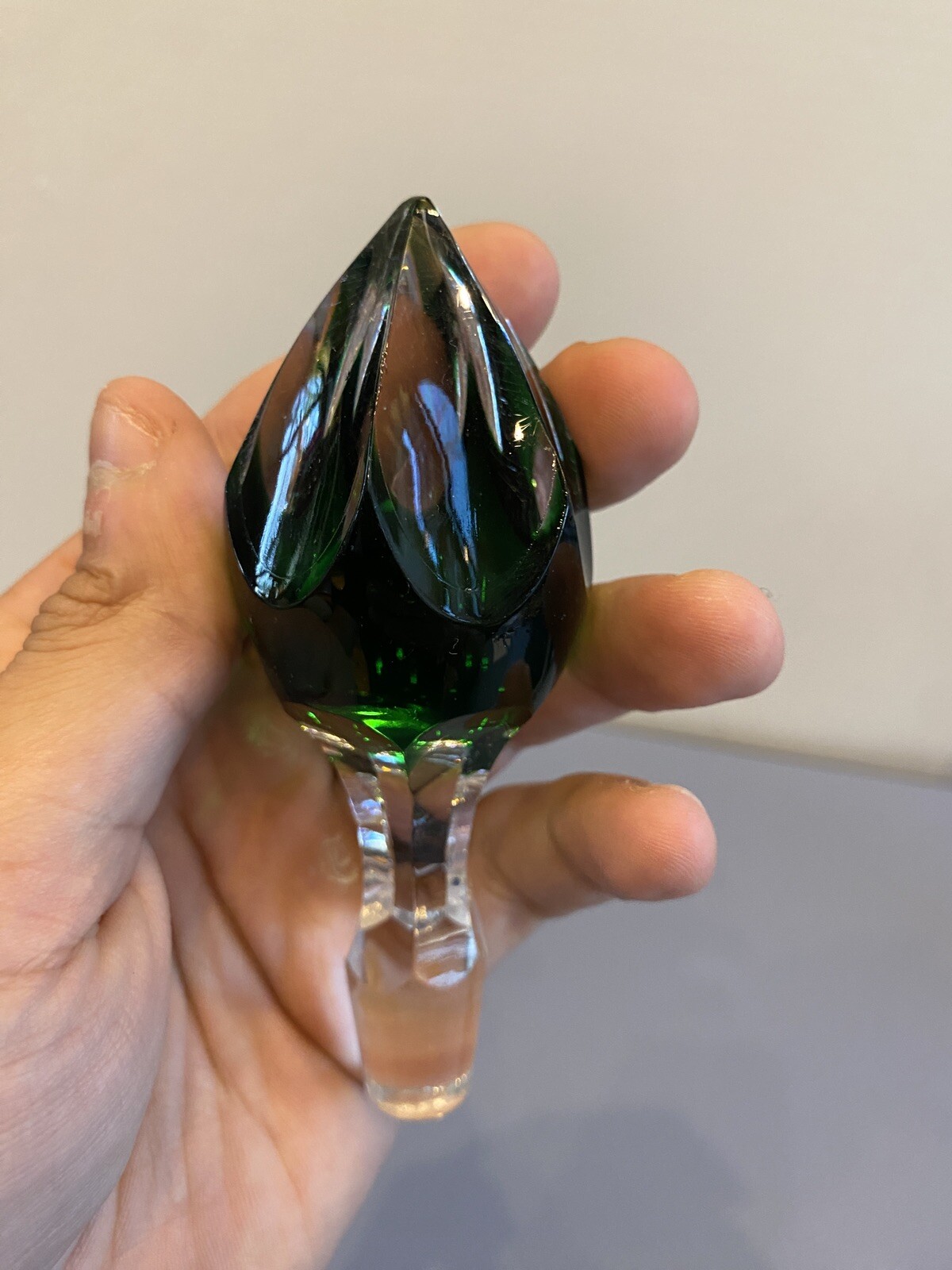 STUNNING VTG Emerald Green Cut To Clear Crystal Decanter W/Stopper 15.25"H