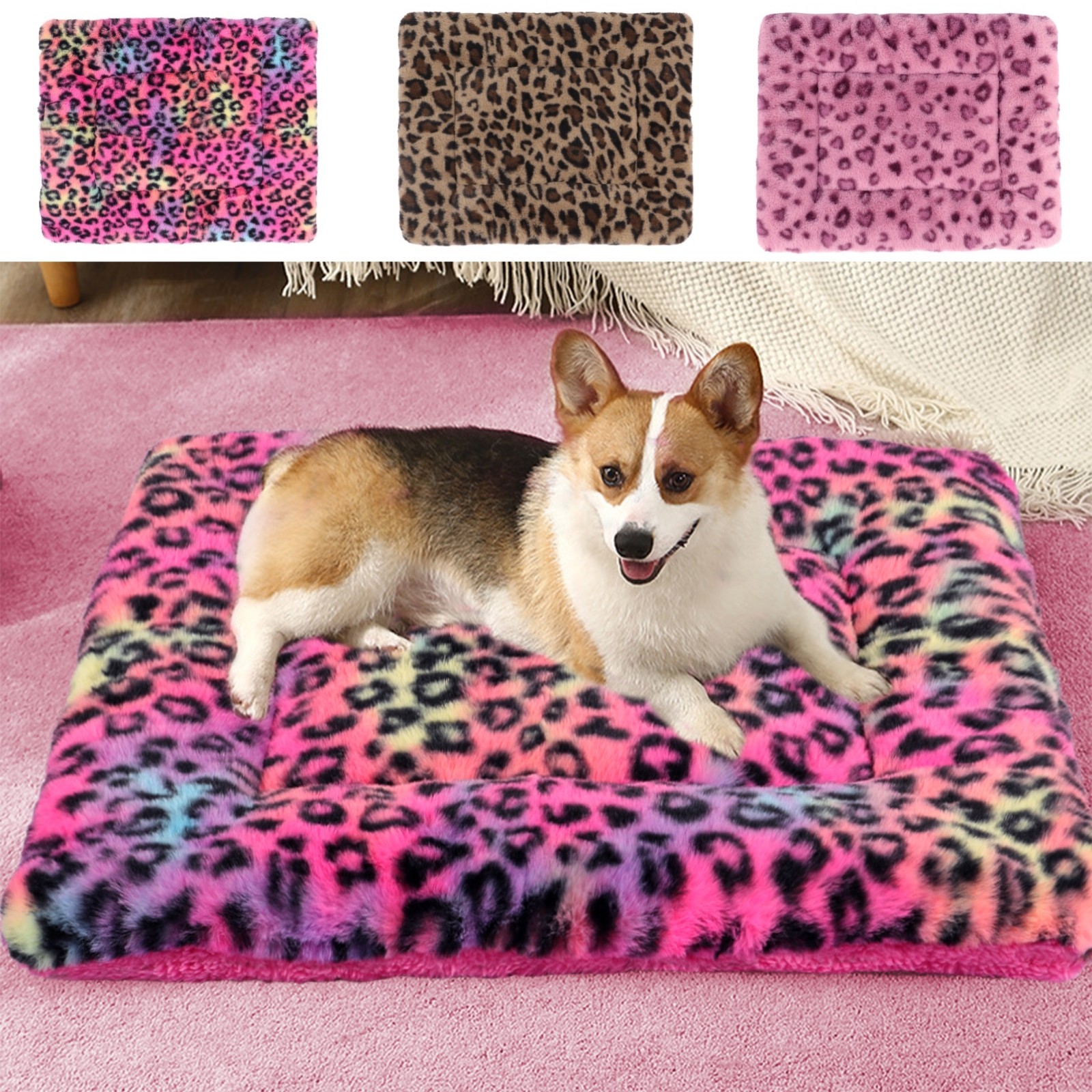 Leopard Print Pet Mat Reversible Plush Dog Cat Sleeping Cushion Machine Washable